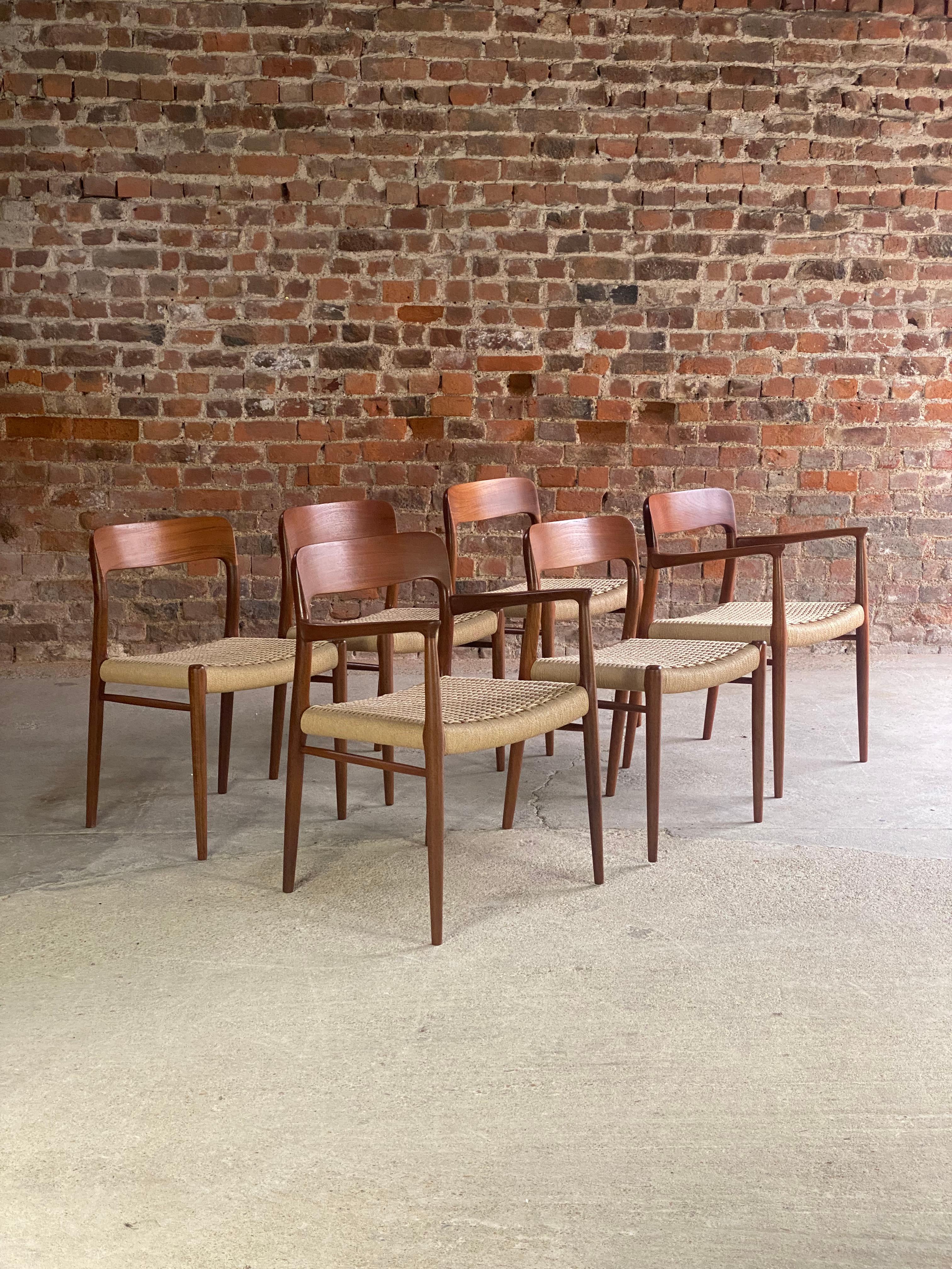 Niels Moller Model 56 & Model 75 Teak & Paper Cord Dining Chairs Set of 6, 1960 7