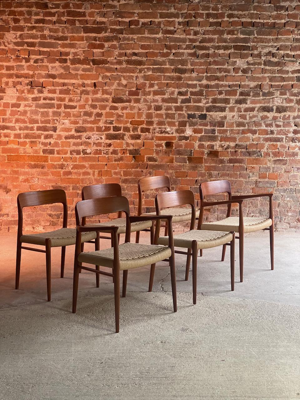 Niels Moller model 56 & model 75 teak & papercord dining chairs set of 6 1960

Magnificent set of six Niels Otto Møller Model 56 (2) and Model 75 (4) Teak & papercord dining chairs manufactured by J.L. Møllers Møbelfabrik Denmark, circa 1960,