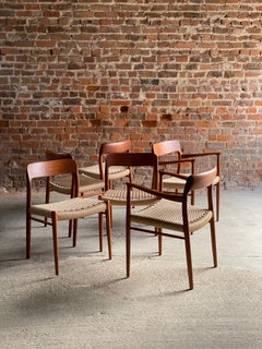 Niels Moller Model 56 & Model 75 Teak & Paper Cord Dining Chairs Set of 6, 1960