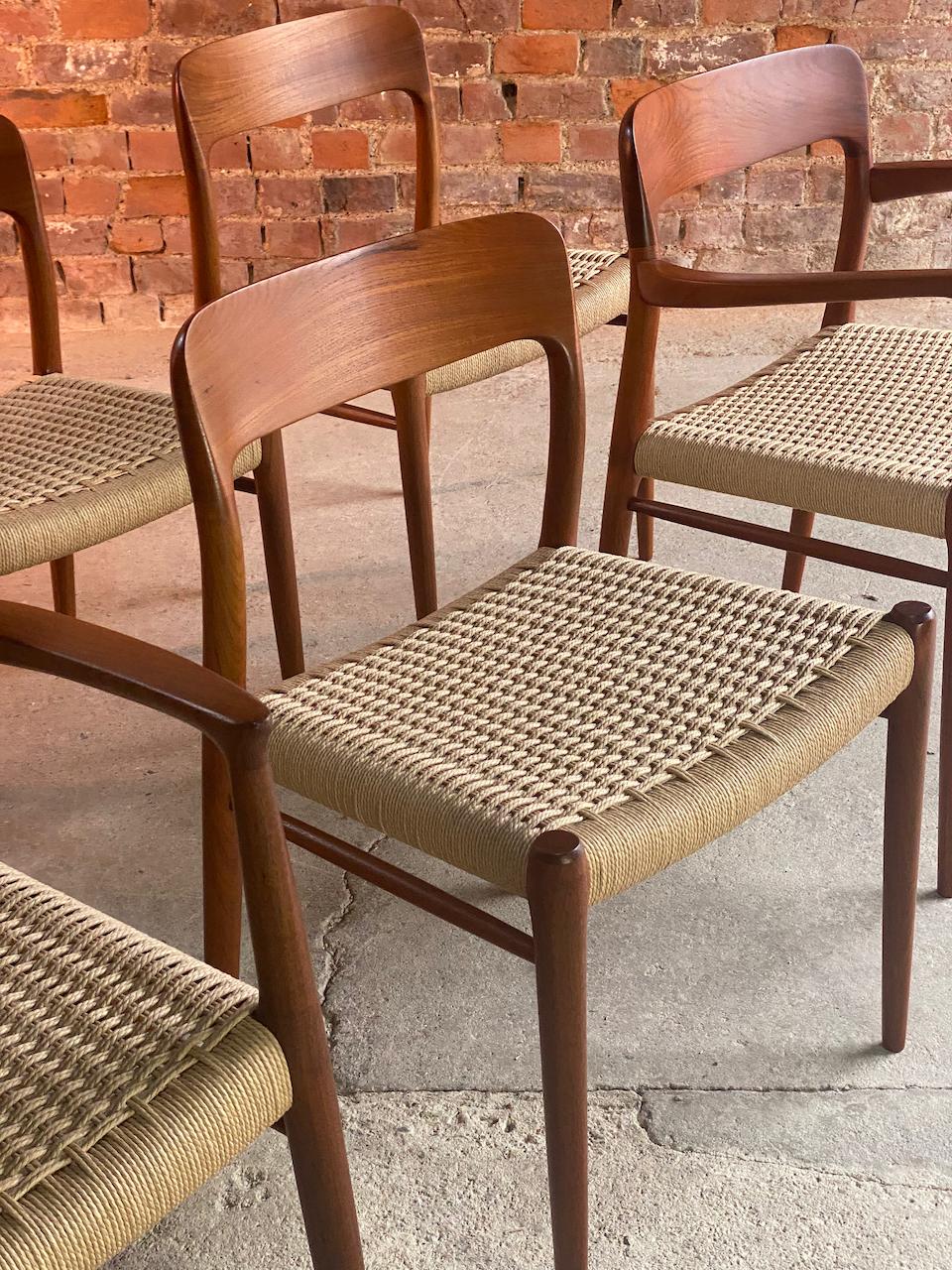 Niels Moller Model 56 & Model 75 Teak & Paper Cord Dining Chairs Set of 6, 1960 In Excellent Condition In Longdon, Tewkesbury