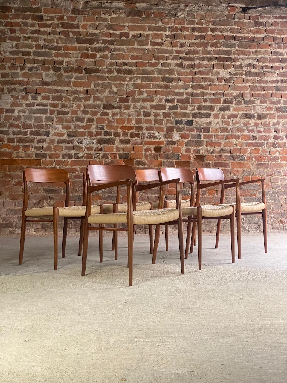 Mid-20th Century Niels Moller Model 56 & Model 75 Teak & Paper Cord Dining Chairs Set of 6, 1960