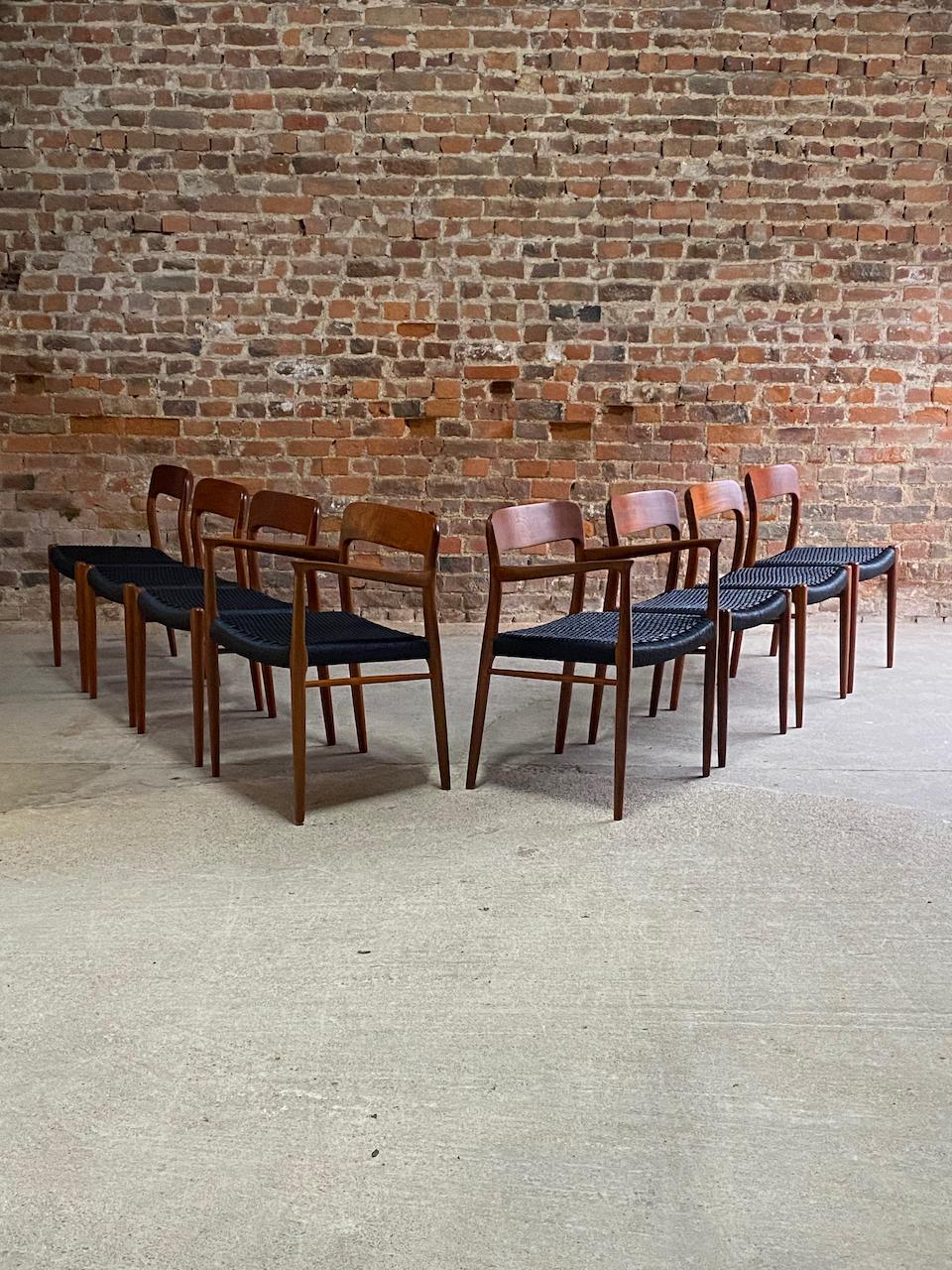 Mid-Century Modern Niels Moller Model 56 & Model 75 Teak & Paper Cord Dining Chairs Set of 8, 1960