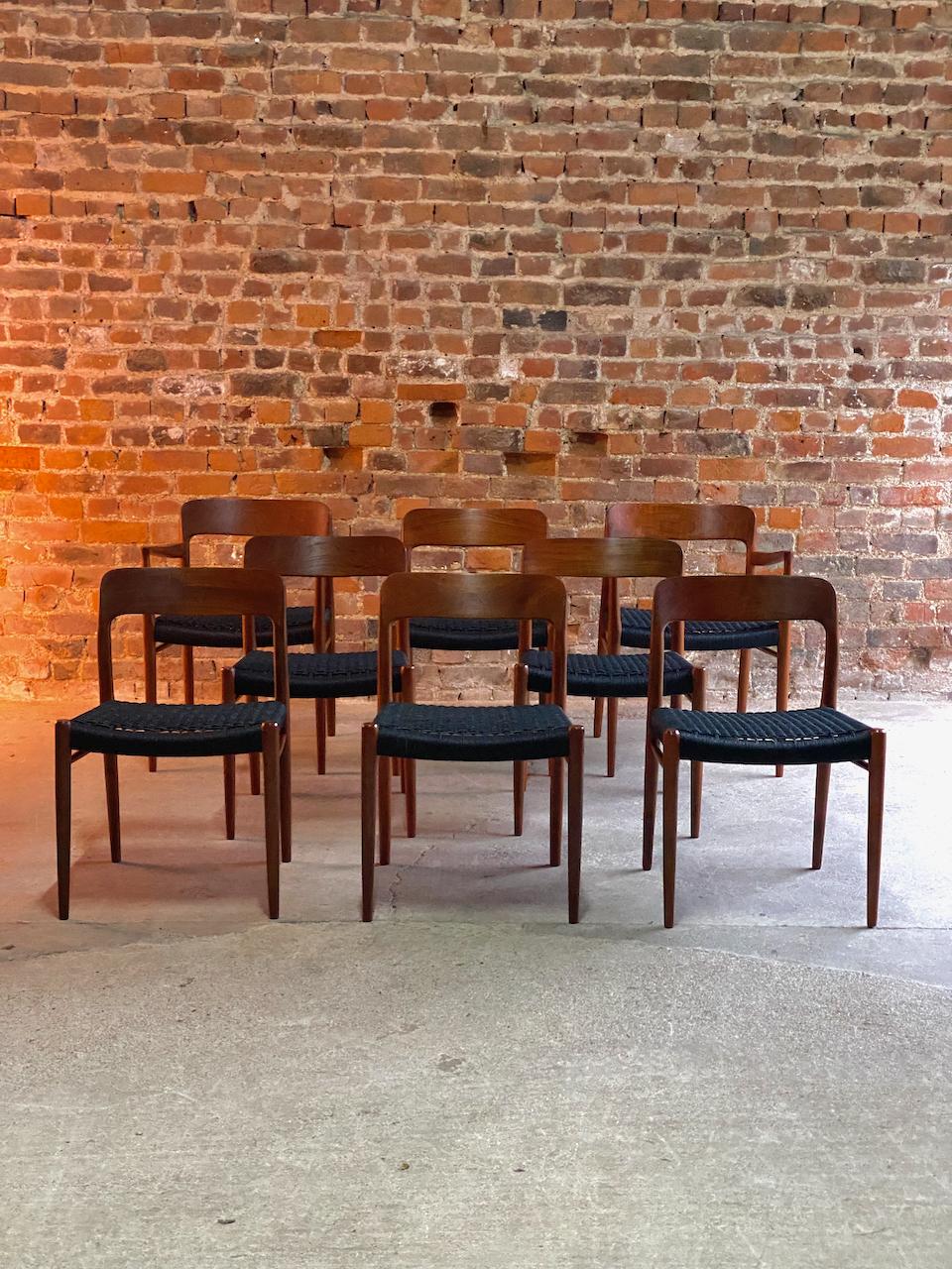 Niels Moller Model 56 & Model 75 Teak & Paper Cord Dining Chairs Set of 8, 1960 In Excellent Condition In Longdon, Tewkesbury