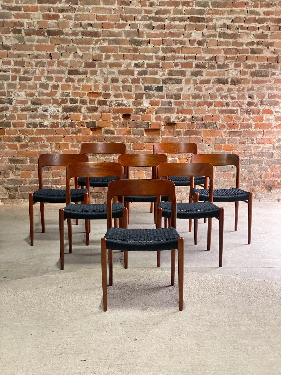 Mid-20th Century Niels Moller Model 56 & Model 75 Teak & Paper Cord Dining Chairs Set of 8, 1960
