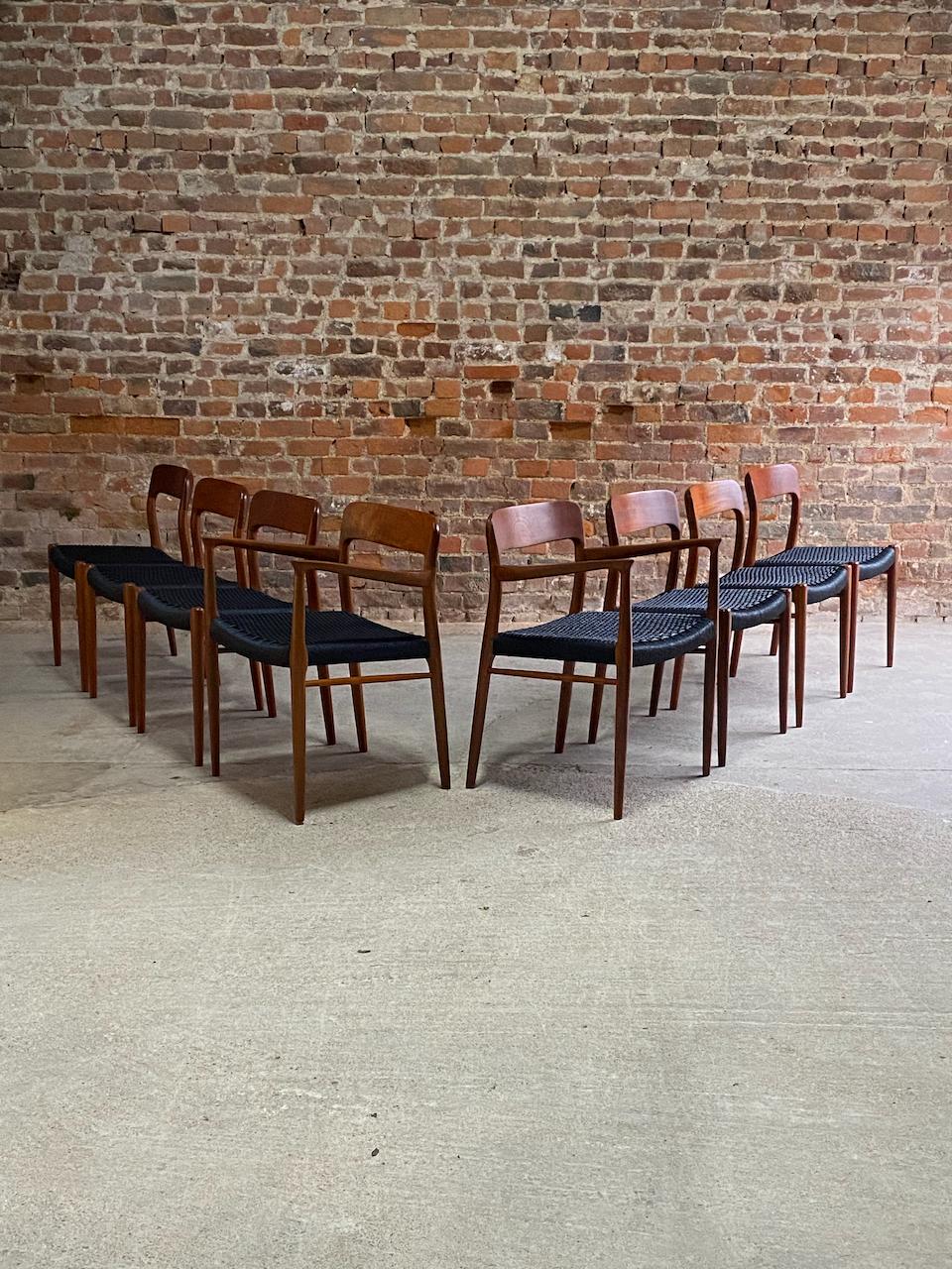 Papercord Niels Moller Model 56 & Model 75 Teak & Paper Cord Dining Chairs Set of 8, 1960