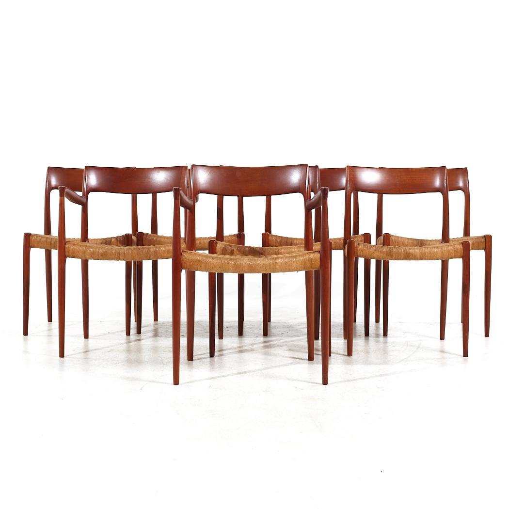 Niels Moller Model 57 and 77 Mid Century Danish Teak and Rope Dining Chairs - Set of 8

Each armless chair measures: 19.5 wide x 18.5 deep x 30 high, with a seat height of 17 inches
Each captains chair measures: 19.5 wide x 18.5 deep x 30 high, with