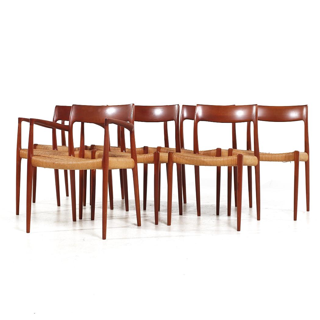 Mid-Century Modern Niels Moller Model 57 and 77 MCM Danish Teak and Rope Dining Chairs - Set of 8 For Sale