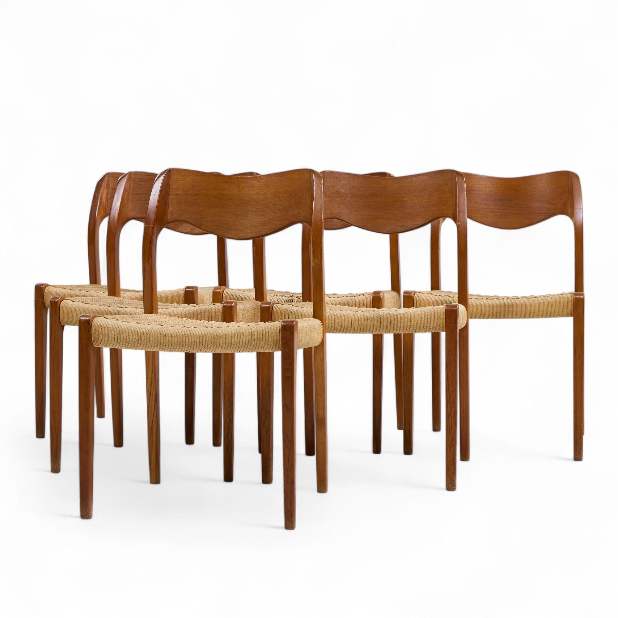 Mid-Century Modern Niels Moller Model 71 Danish Teak and Paper Cord Dining Chairs - Set of 6 For Sale