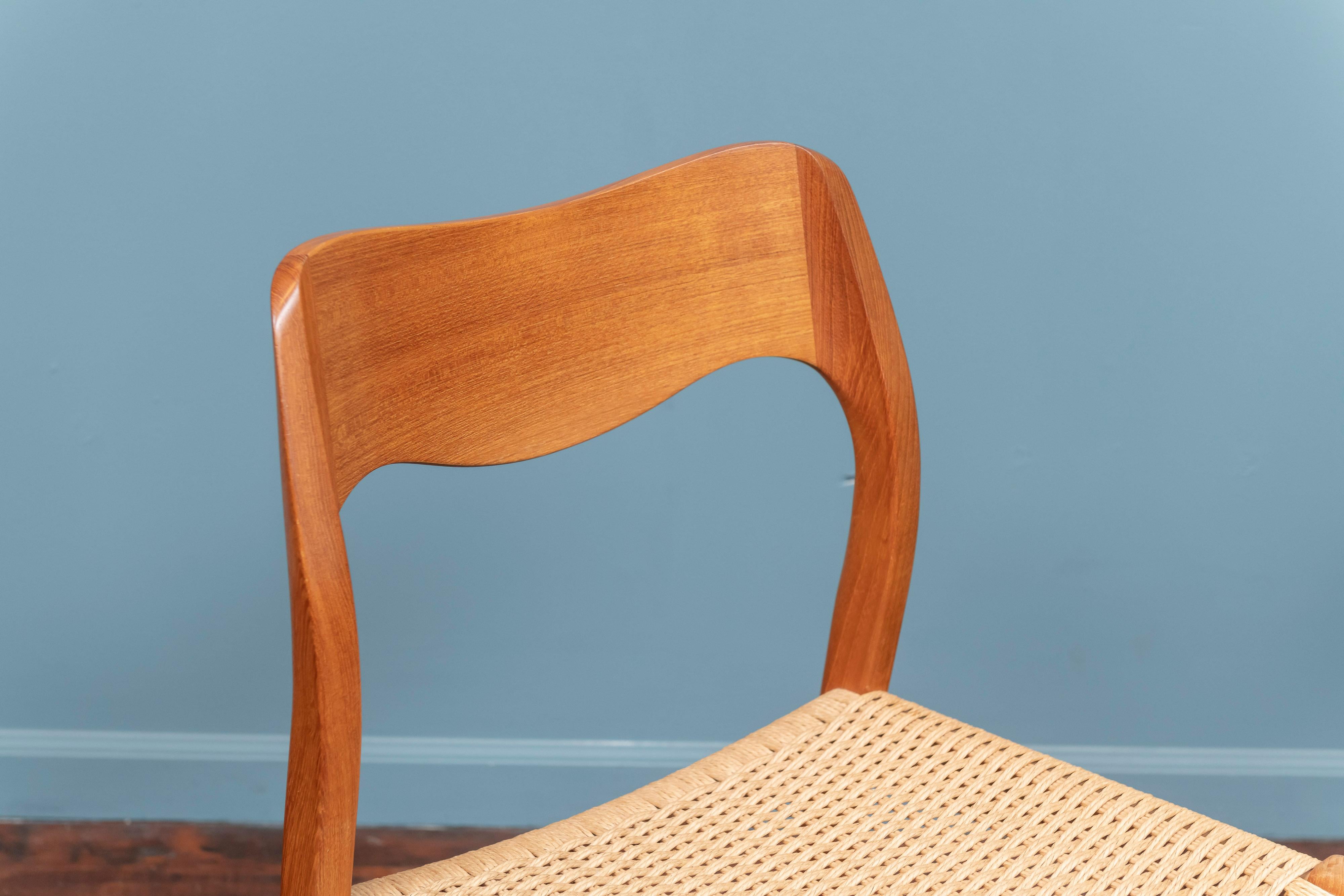 Niels Møller teak model 71 dining chairs, wonderful vintage condition with woven Danish cord seats, stamped.