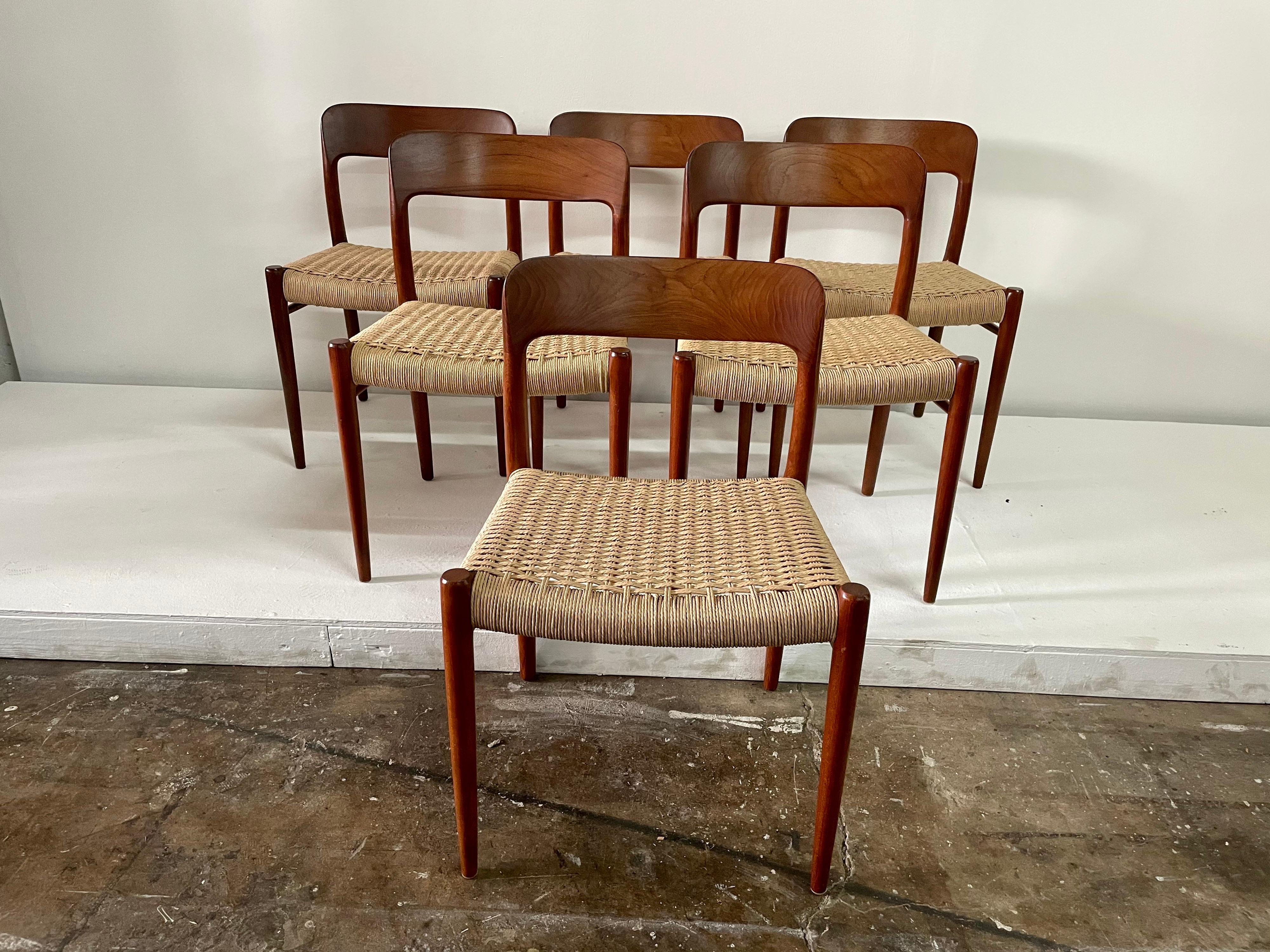 Scandinavian Modern Niels Möller Model 75 Danish Teak Dining Chairs for J.L. Möllers, Set of 6