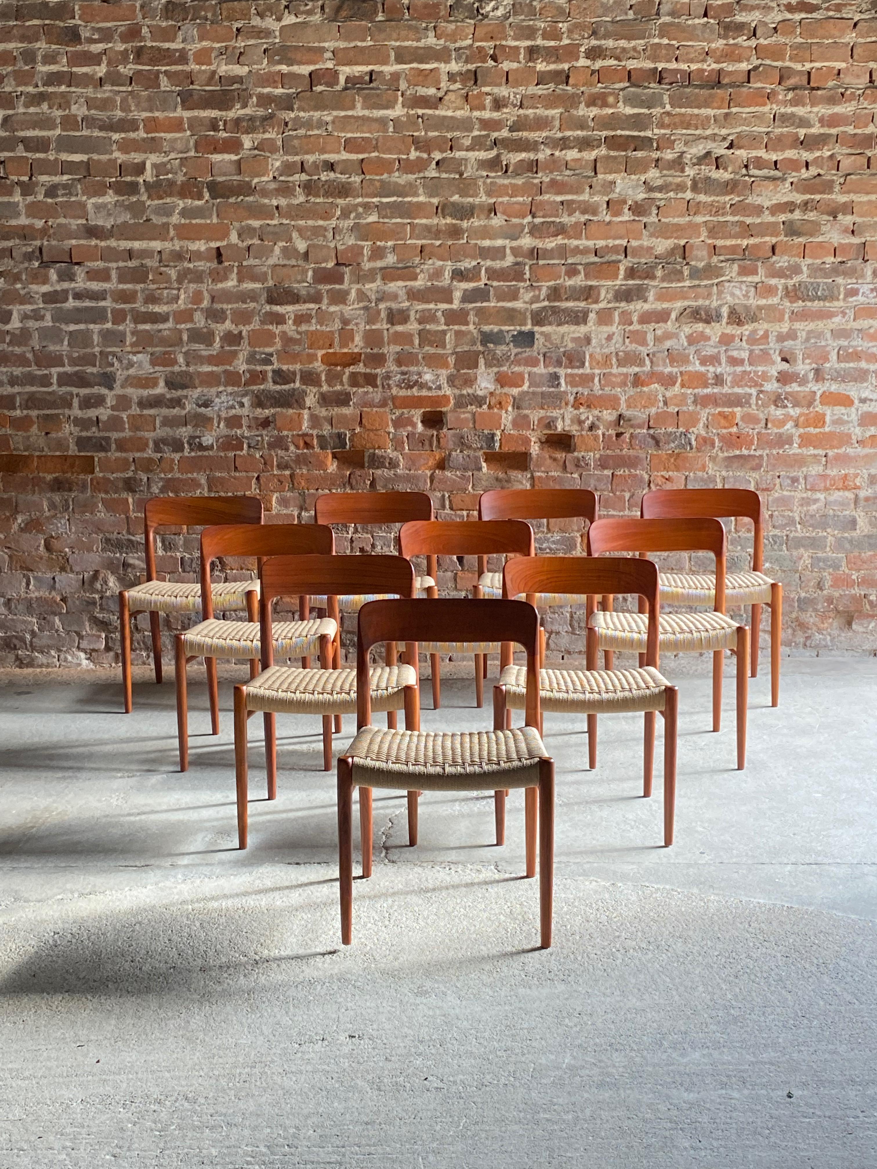 Danish Niels Moller Model 75 Teak & Paper Cord Dining Chairs Set of 10, 1960 For Sale
