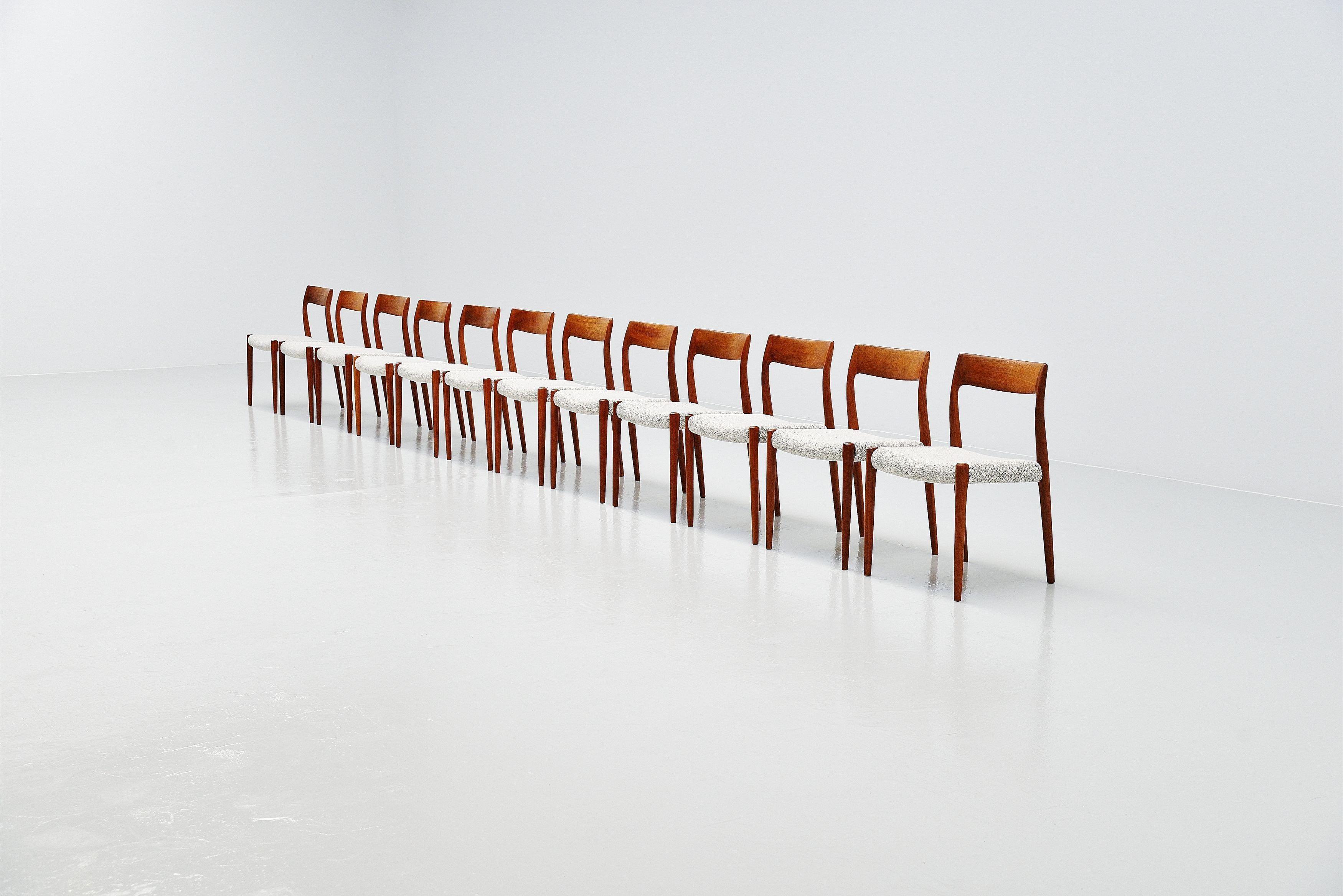 Very nice large quality set of dining chairs model 77 designed by Niels Moller and manufactured by J.L. Møller Mobelfabrik, Denmark 1959. These chairs are made of solid teak wood and have reuphlstered black and white bouclé upholstery which is a