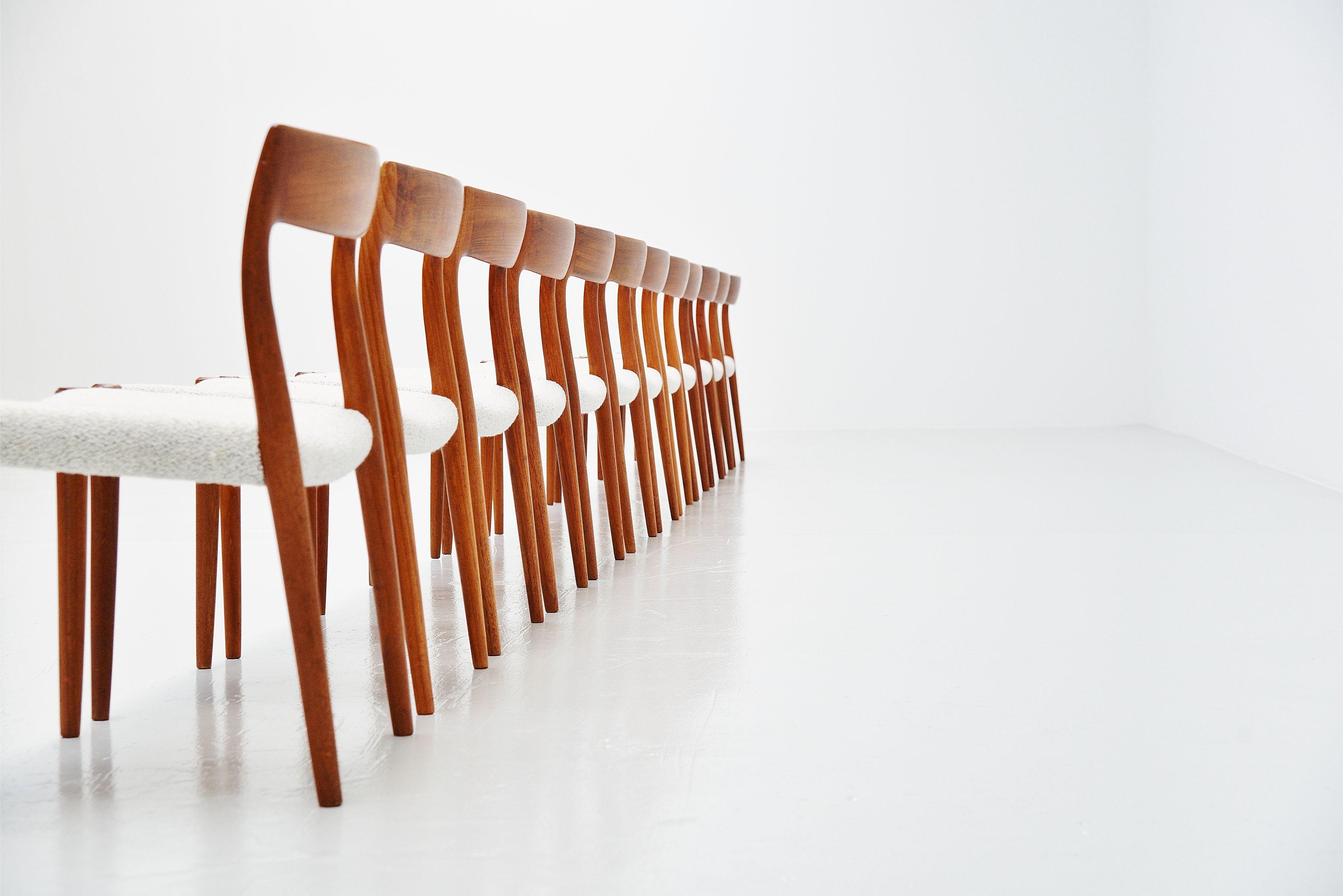 Scandinavian Modern Niels Moller Model 77 Dining Chairs Teak Bouclé, Denmark, 1959