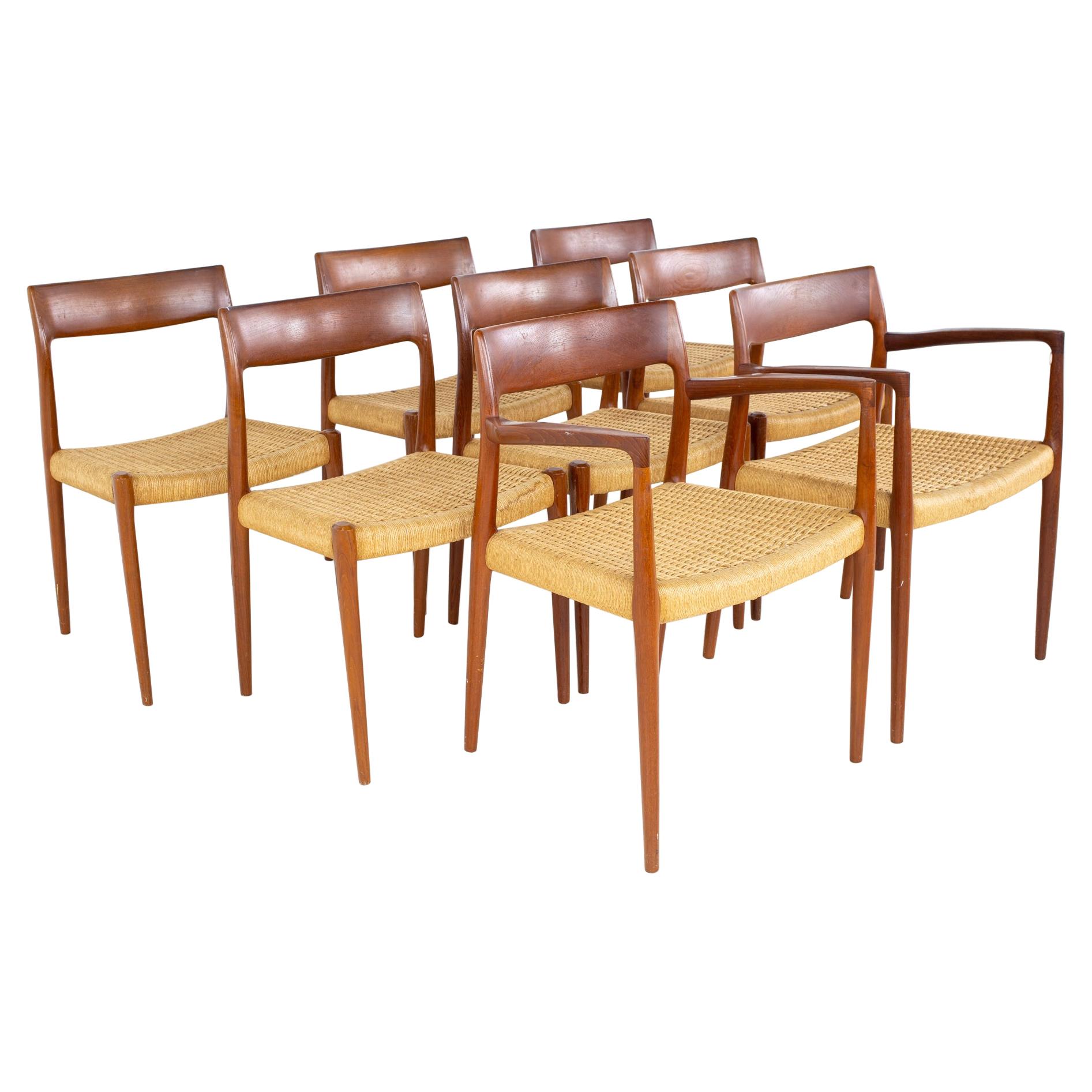 Niels Moller Model 77 Mid Century Teak Roped Dining Chairs, Set of 8