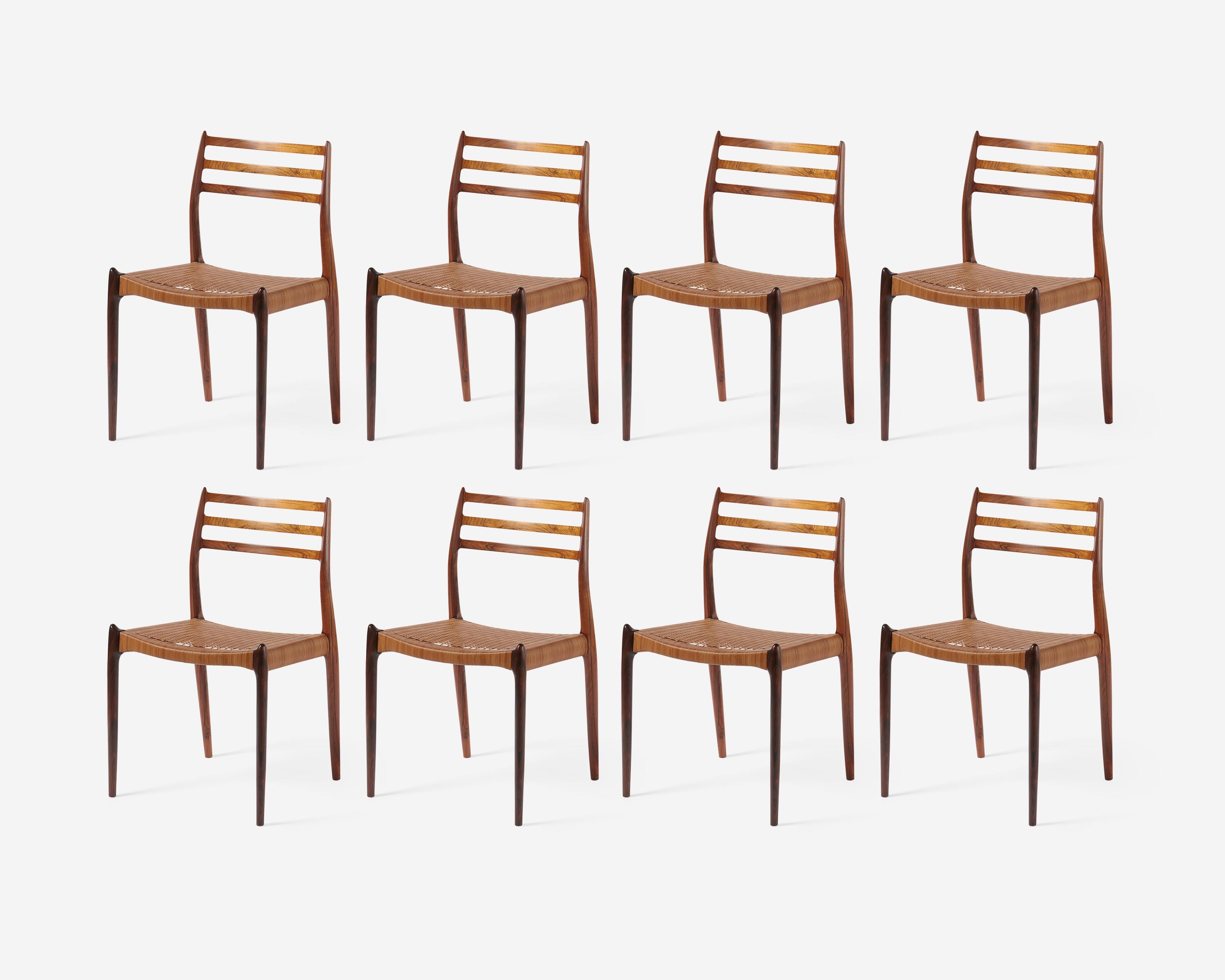 Niels Moller - Sedie da pranzo Model 78 in palissandro e pelle intrecciata Corde, 1962

Un fantastico esempio dell'opera più iconica del maestro danese Niels Moller: la sedia Model 78. Le cornici sono realizzate in legno di palissandro altamente