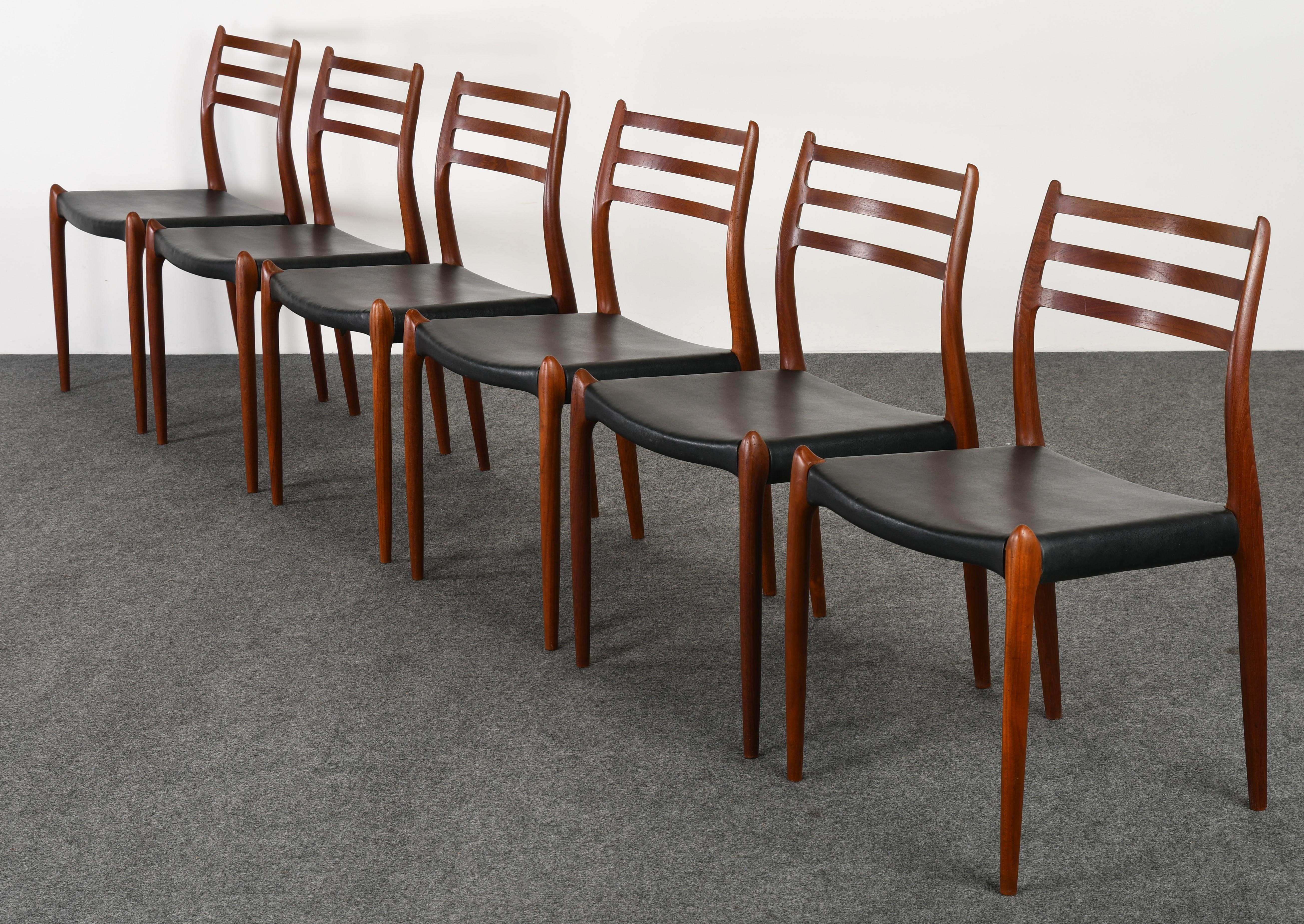 A wonderful set of six solid teak dining chairs was designed by Niels Moller in 1962. The chairs have the original leather seats. They are sturdy and structurally sound with age-appropriate wear. Would look great in any mid-century or modern