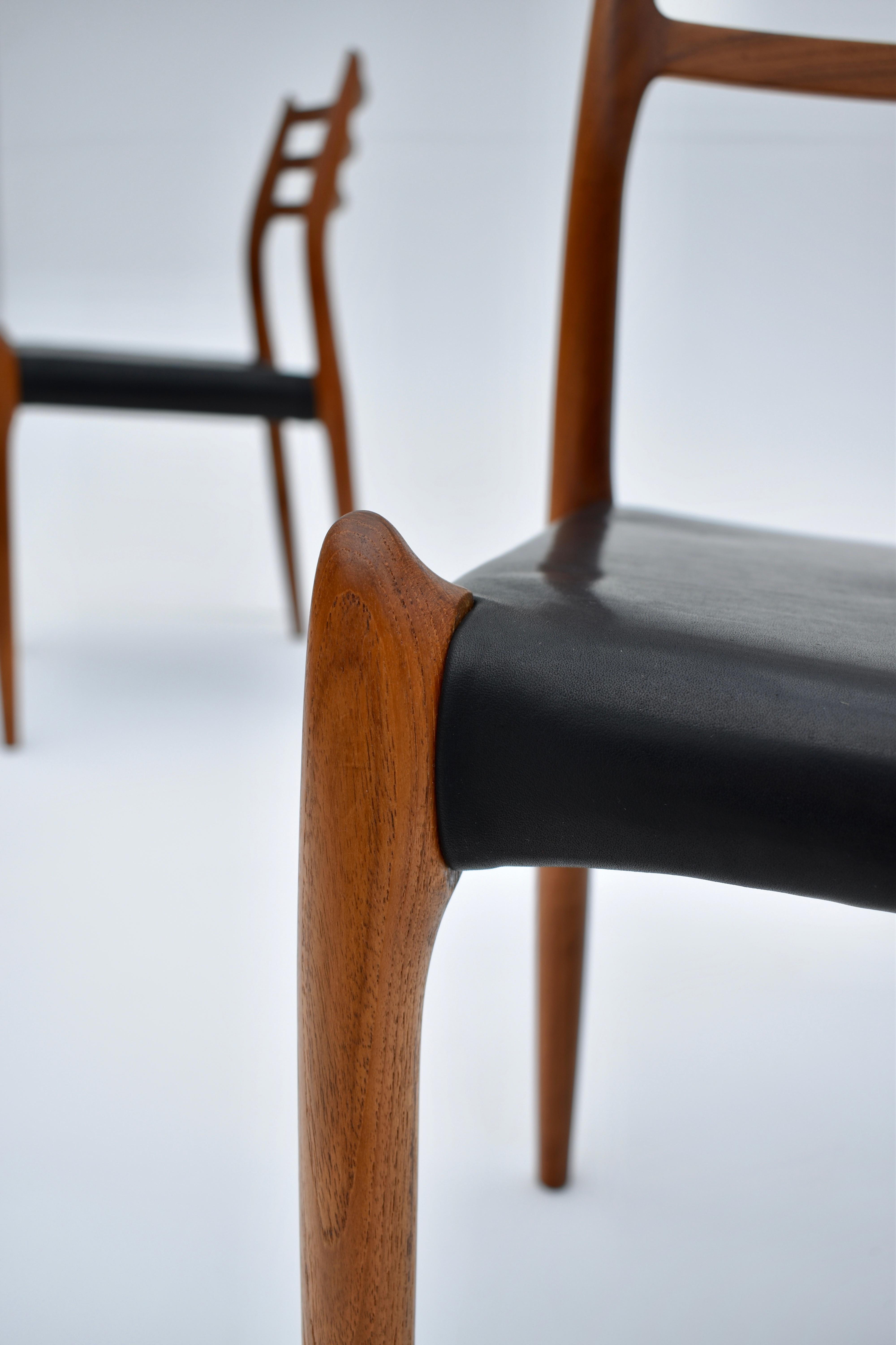 A particularly nice set of four solid teak chairs designed in 1962 by Niels Moller for J.L Mollers Mobelfabrik.

These chairs have just been upholstered with brand new vegetable tanned leather seats of the highest quality. This leather is very