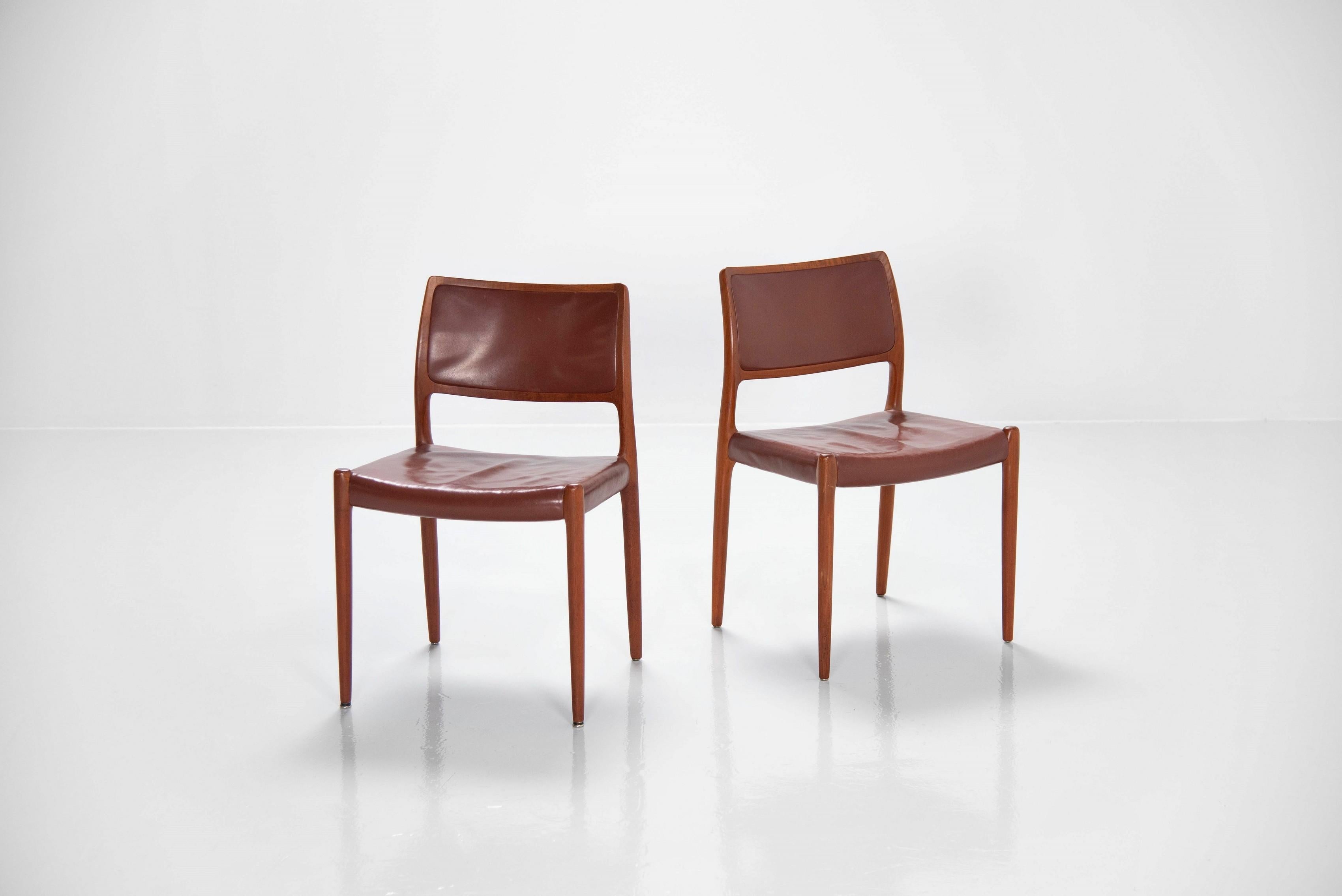 Leather Niels Moller Model 80 teak chairs 6x Denmark 1966