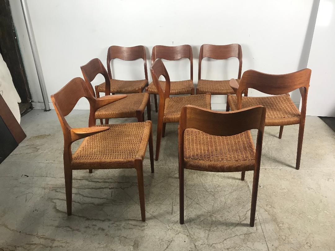 Stunning set of 8 dining chairs model 71 designed by Niels O. Møller. Produced by J.L Møllers Møbelfabrik in Denmark. Rope and teak, set includes 2-arm (captains (chairs, excellent original condition, wonderful patina, superior quality and