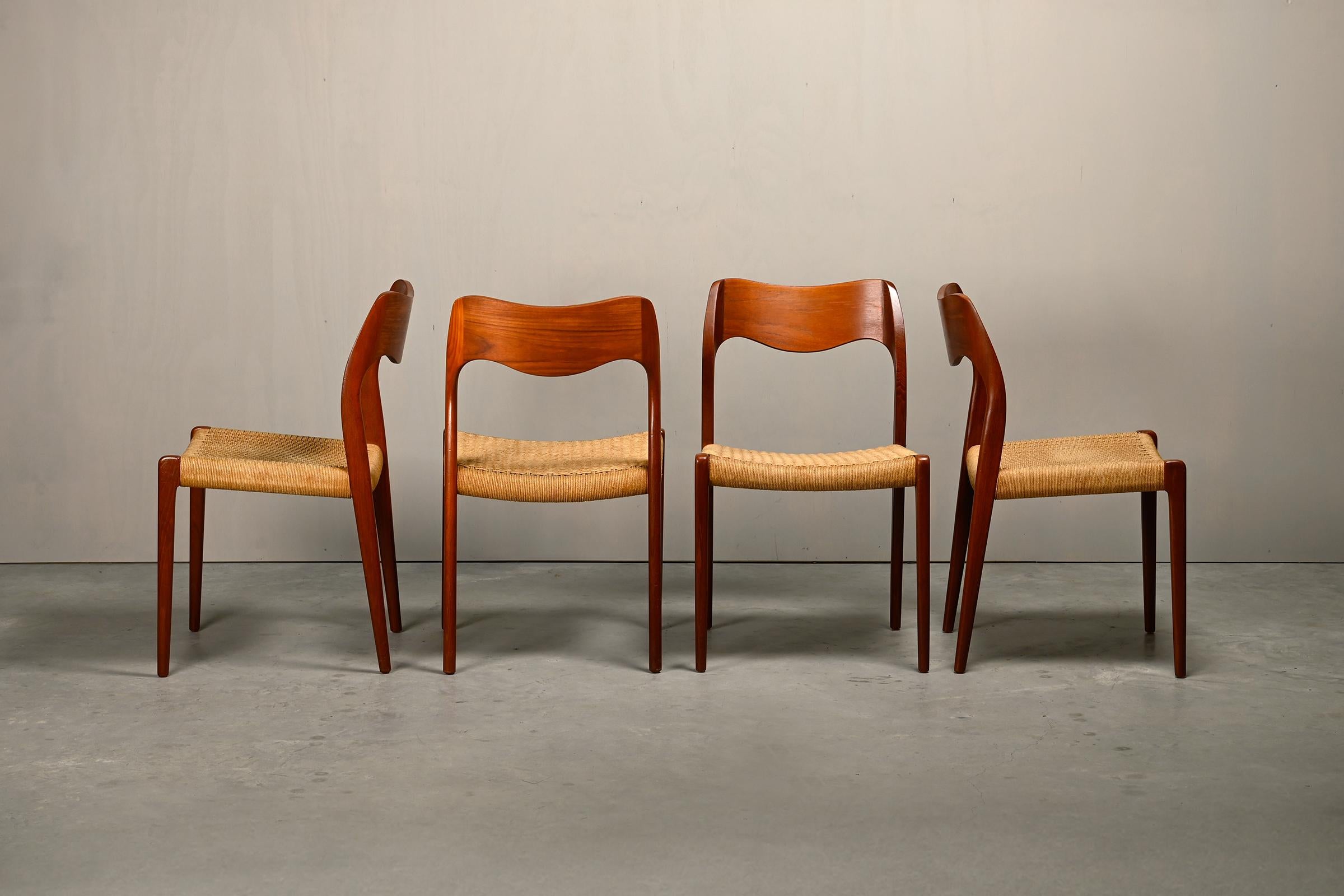 Scandinavian Modern Niels O. Møller Dining Chairs Teak Papercord Model 71, J.L. Møllers Møbelfabrik