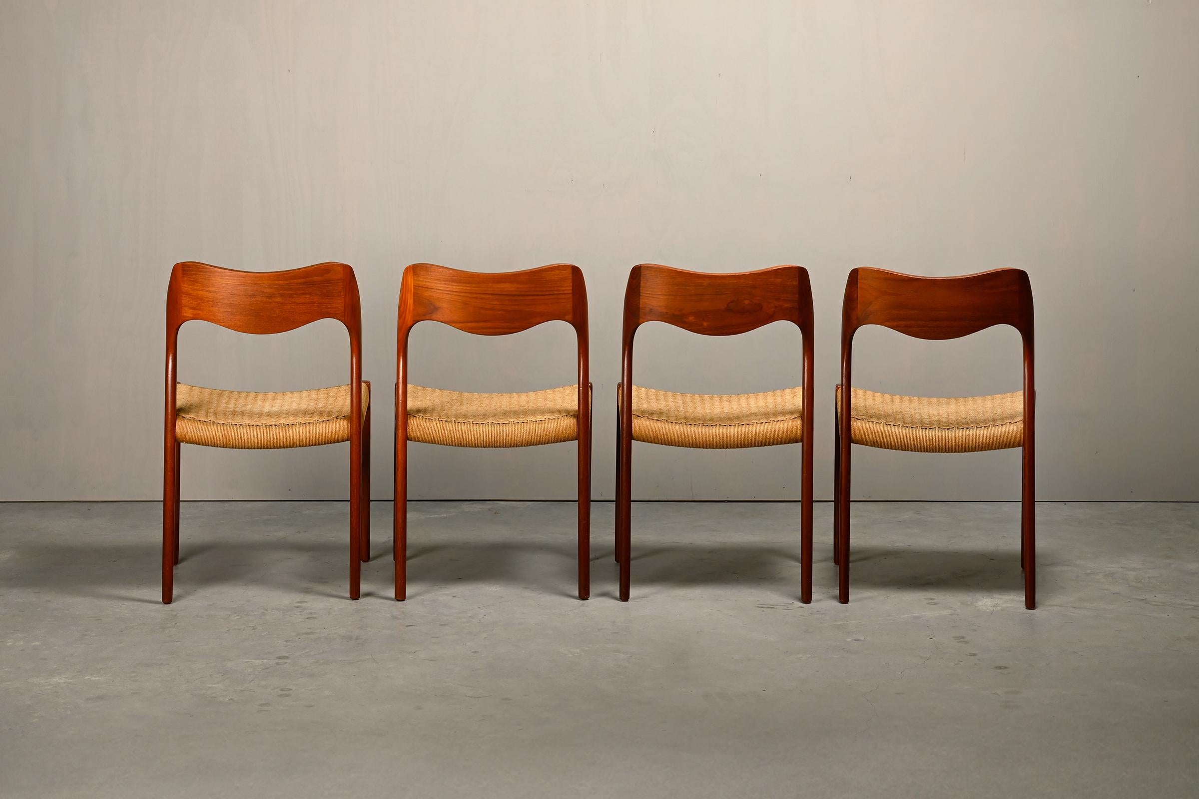 Danish Niels O. Møller Dining Chairs Teak Papercord Model 71, J.L. Møllers Møbelfabrik