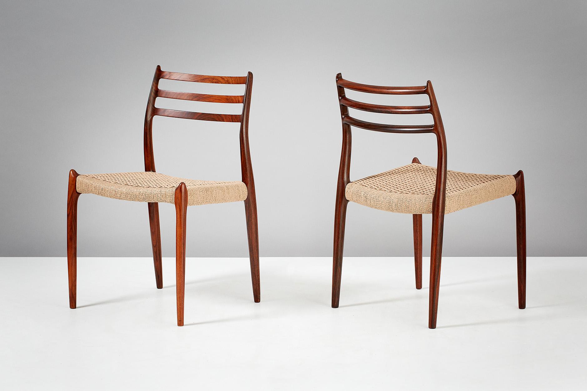 Niels O. Møller

Model 78 dining chairs, 1962.

Set of eight rosewood dining chairs designed by Niels O. Møller for J.L. Moller Mobelfabrik, Denmark, 1962. Seats rewoven in undyed, natural Danish papercord. 

Larger sets and other upholstery