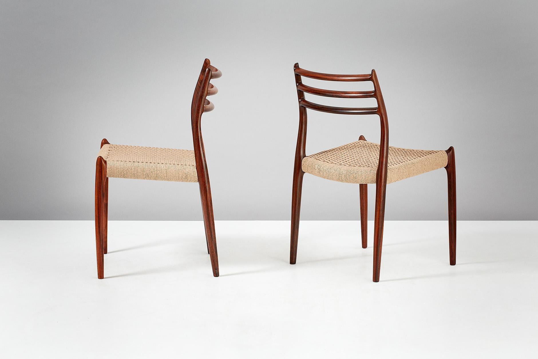 Scandinavian Modern Niels Moller Model 78 Rosewood and Papercord Dining Chairs, 1962 For Sale