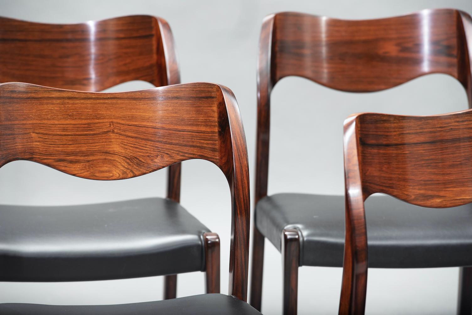 Faux Leather Niels O. Møller Rosewood Dining Chairs, Model 71 by J.L Møllers, Set of Six