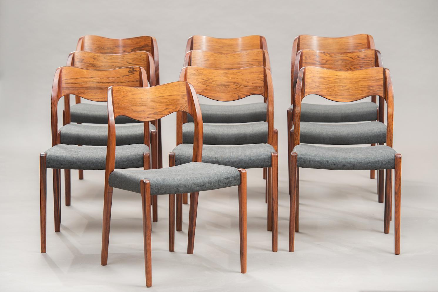 Danish Niels O. Møller Rosewood Dining Chairs, Model 71 by J.L Møllers, Set of Ten