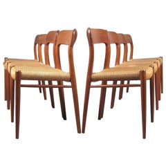 Niels O. Møller Set of Eight Dining Chairs Model No. 75 in Teak and Rush Seat