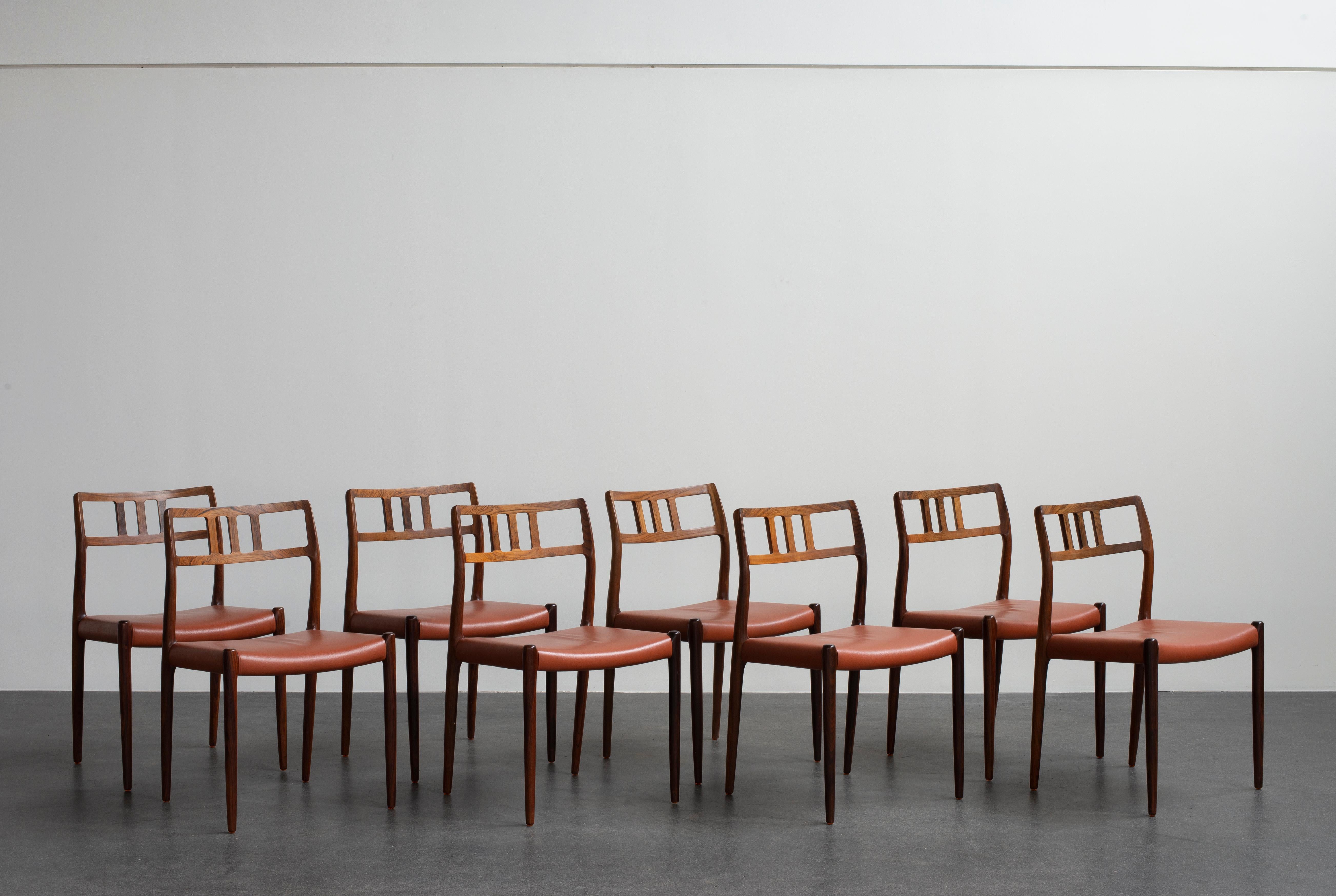 Niels O. Møller set of six rosewood chairs, seats with leather. Model 79. Manufactured by J. L. Møller, Denmark.
