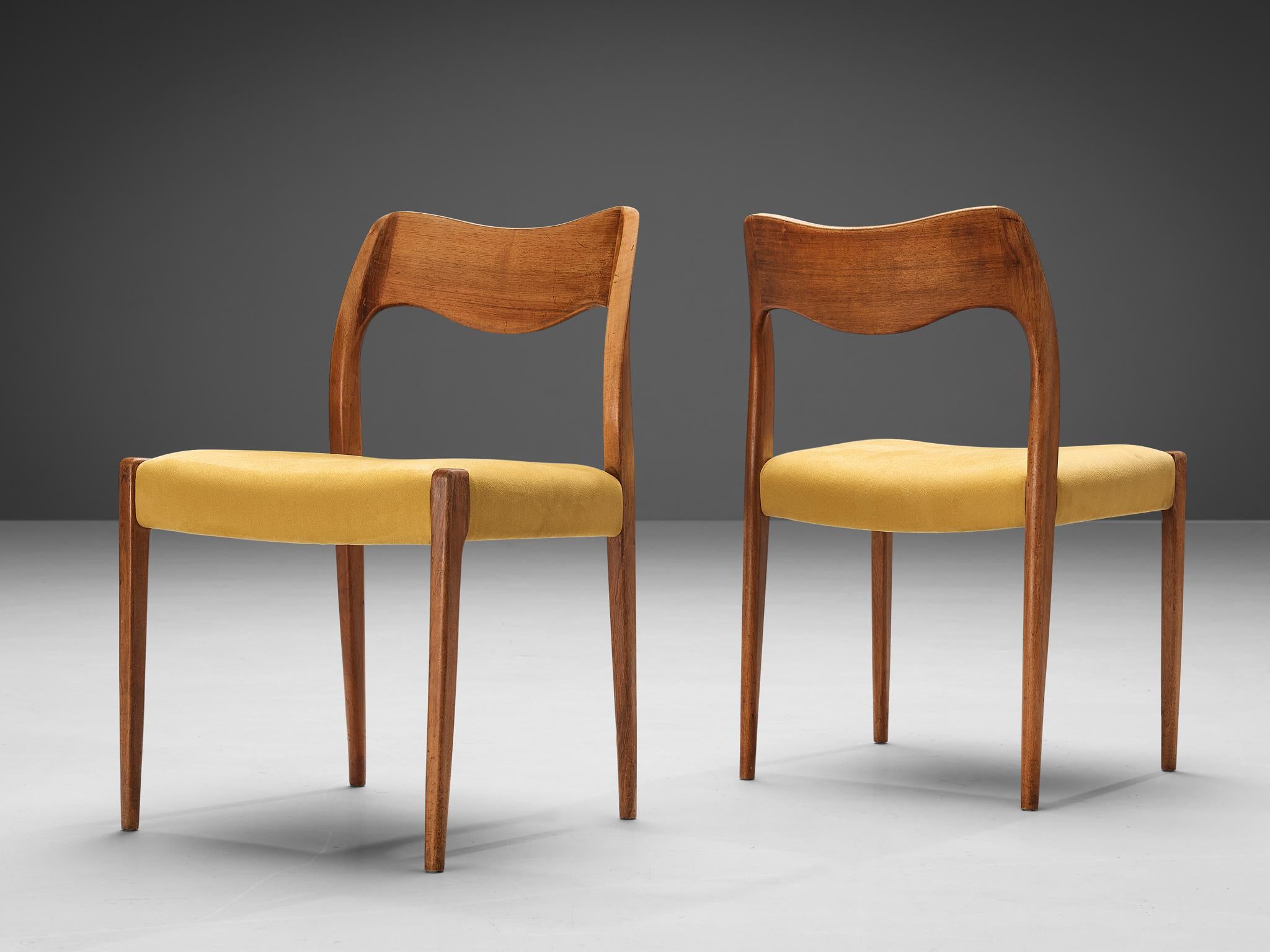 Scandinavian Modern Niels O. Møller Set of Six Dining Chairs in Teak and Yellow Upholstery
