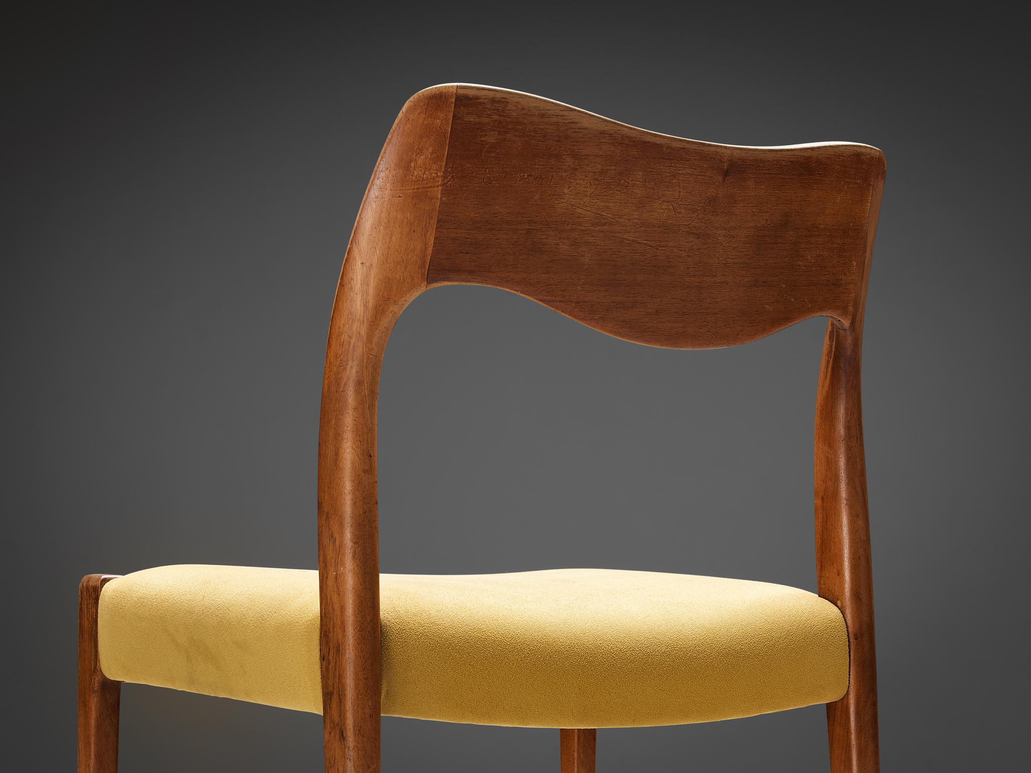 Danish Niels O. Møller Set of Six Dining Chairs in Teak and Yellow Upholstery