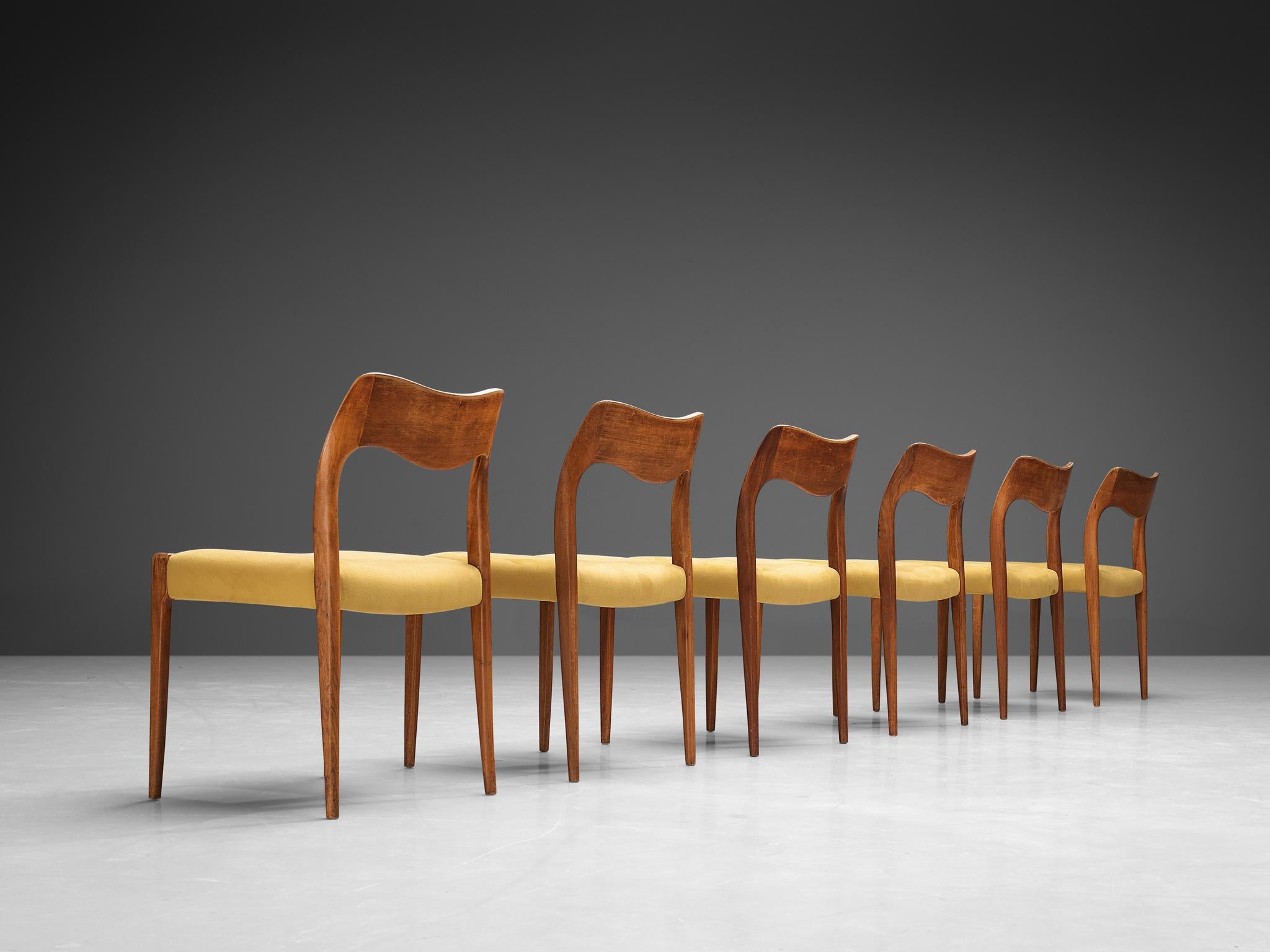 Danish Niels O. Møller Set of Six Dining Chairs in Teak and Yellow Upholstery