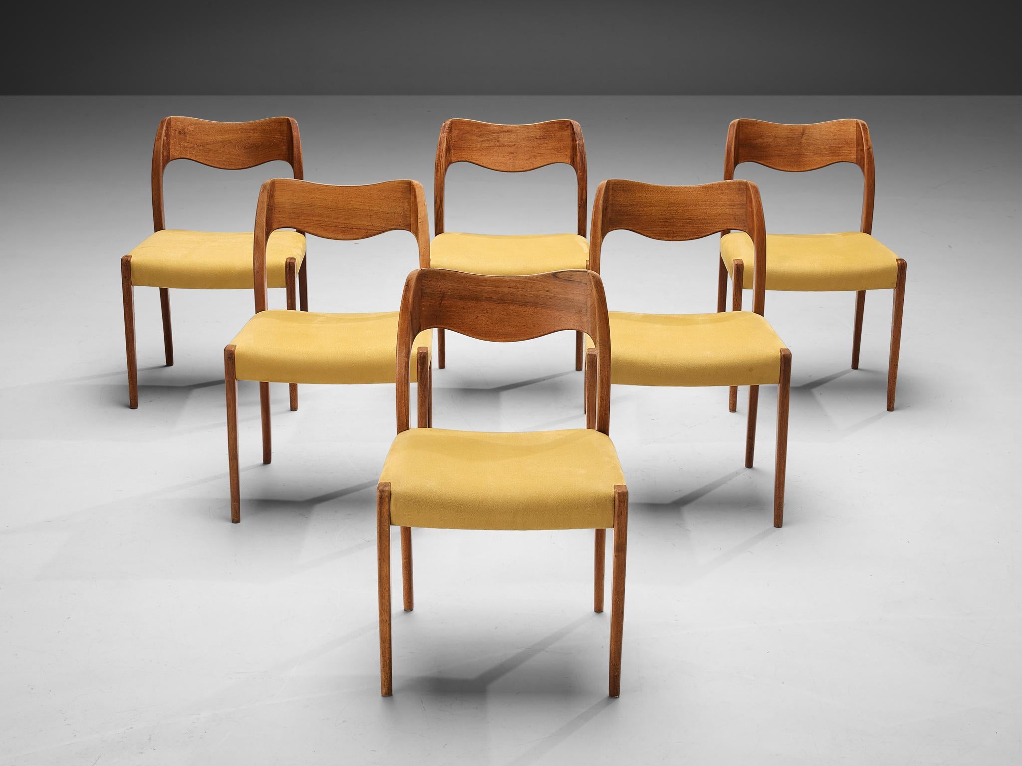 Mid-20th Century Niels O. Møller Set of Six Dining Chairs in Teak and Yellow Upholstery