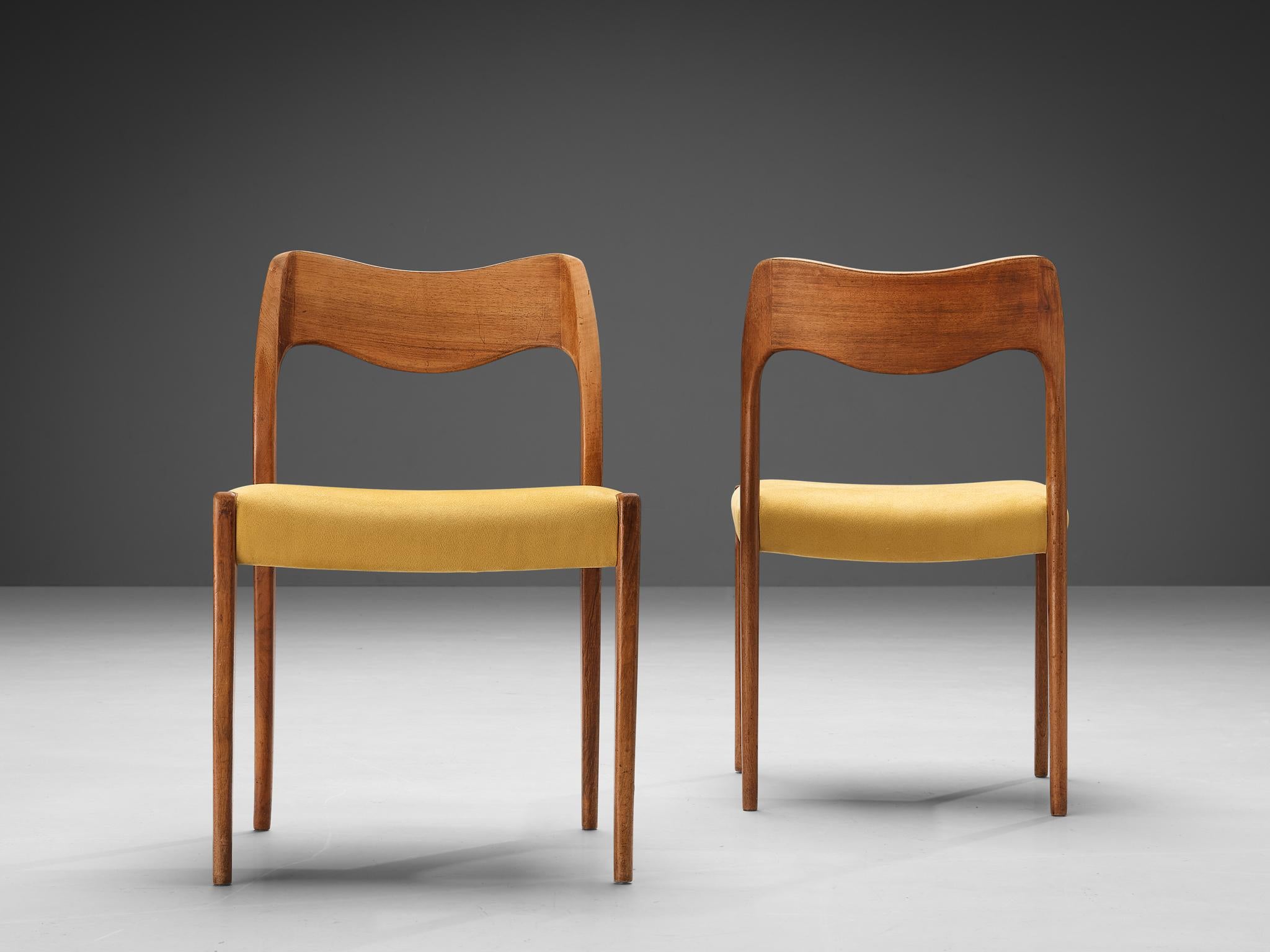 Niels O. Møller Set of Six Dining Chairs in Teak and Yellow Upholstery 1