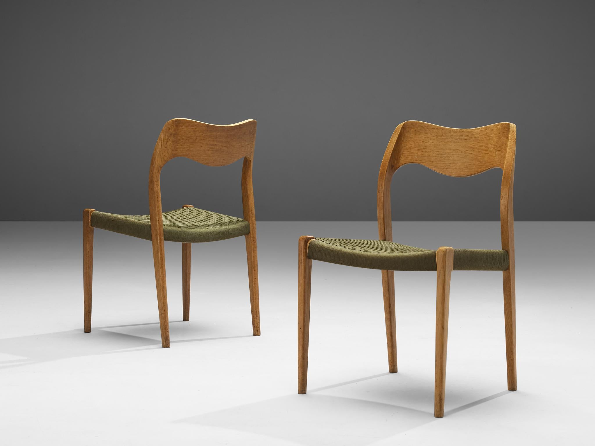 Niels O. Møller for Imperial Møbler, dining chairs model 71, teak and cane, Denmark, 1950s.

These chairs designed by Niels Møller show subtle lines and beautiful curves of the woodwork. The backs of the chairs feature the iconic waved back, giving