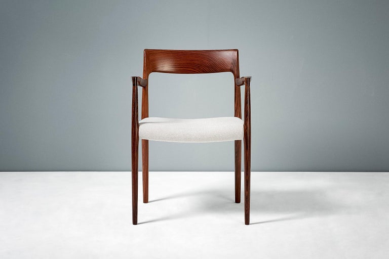 Niels O. Moller

Model 57 chair, 1959

Rosewood armchair produced by J.L. Moller Møbelfabrik, Denmark, 1959. Seat upholstered in pale wool fabric.

Measures: H 77 cm, D 50 cm, W 55 cm, SH 44 cm.

  