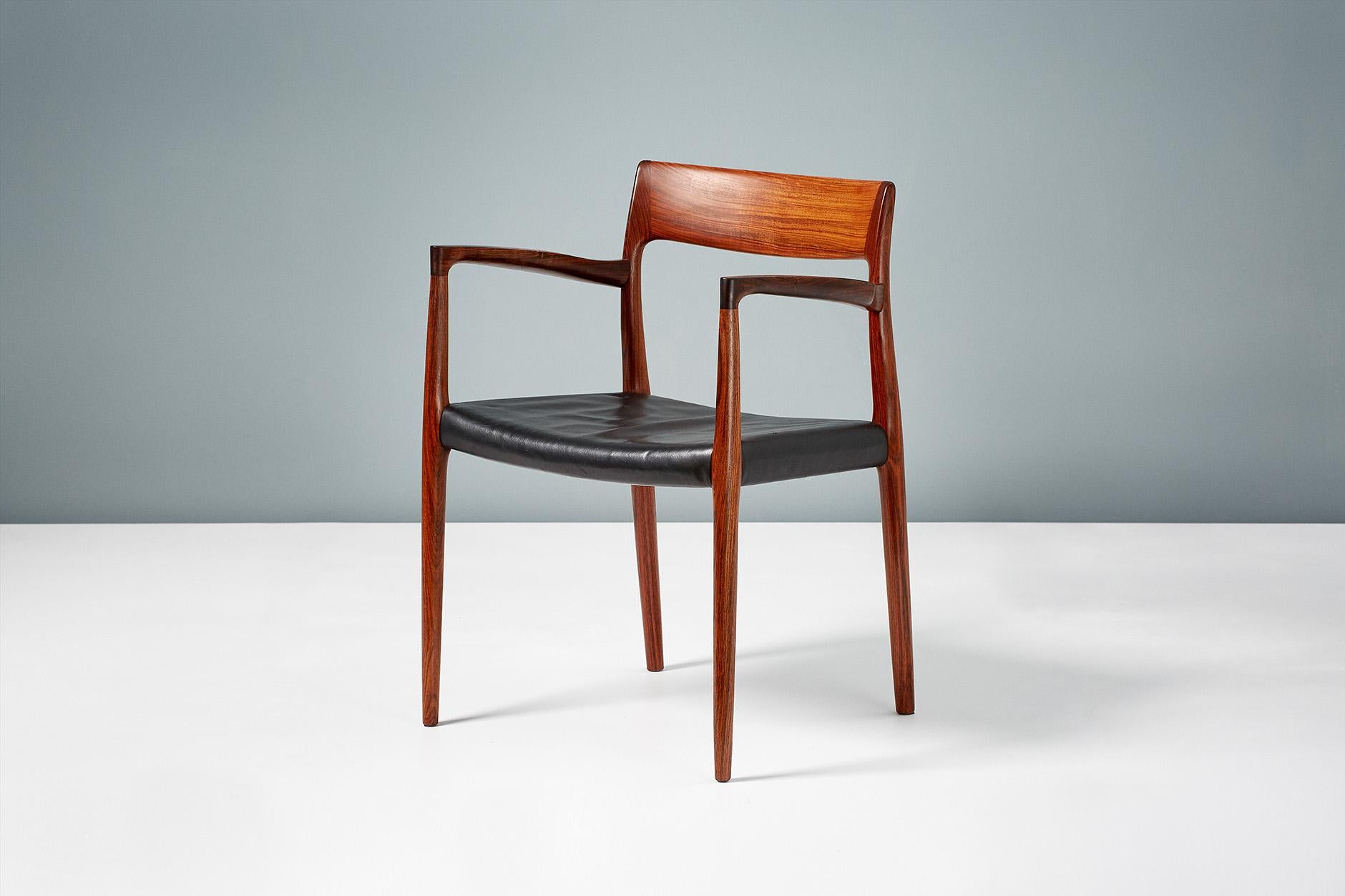 Niels O. Moller

Model 57 chair, 1959

Brazilian rosewood armchair produced by J.L. Moller Møbelfabrik, Denmark in 1959. Stunning rosewood frame with exquisite grain and original patinated black leather seat. 

Measures: H 77 cm, D 50 cm, W 55