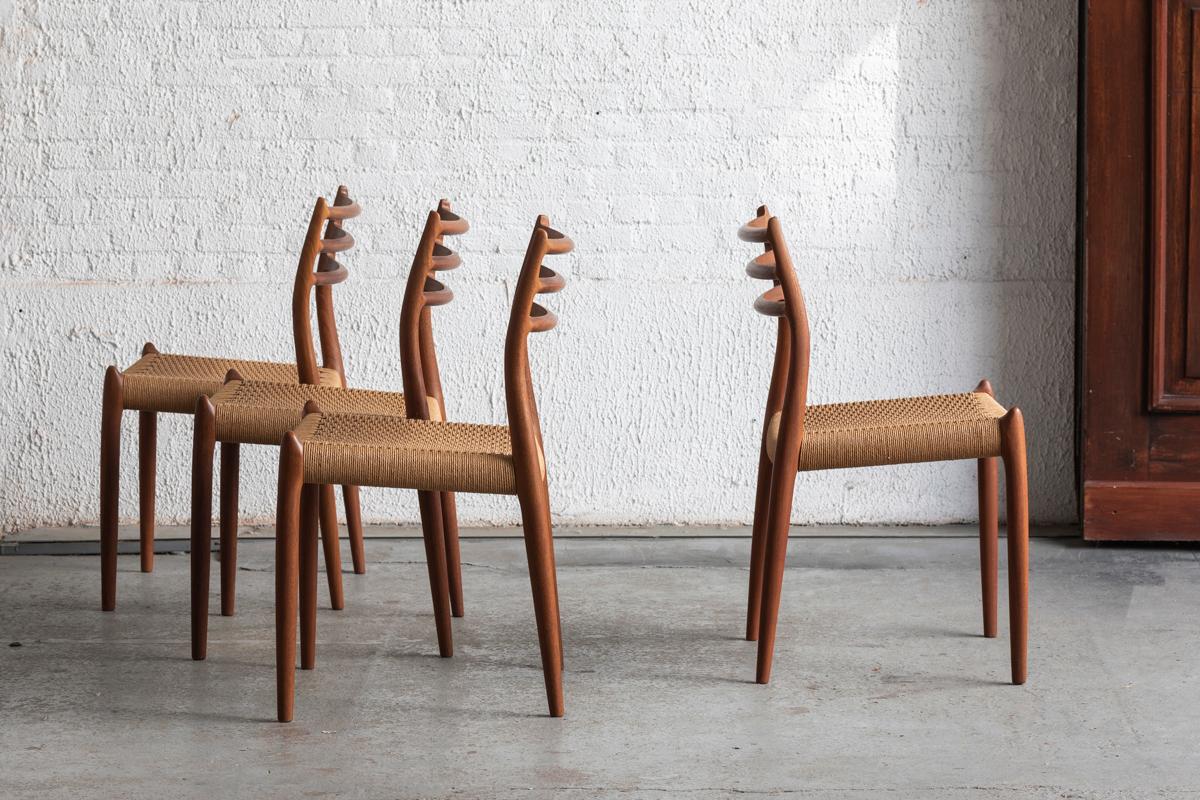 Mid-Century Modern Niels O. Moller Set of 4 Dining Chairs, Model 78, Teak & Papercord, Denmark, 60s
