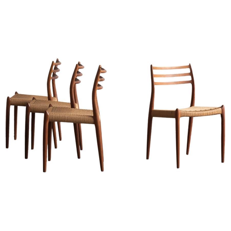 Niels O. Moller Set of 4 Dining Chairs, Model 78, Teak & Papercord, Denmark, 60s