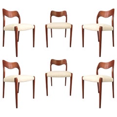 Niels O. Moller Six Solid Teak Chairs, Model 71 in White Velvet Midcentury