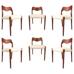 Niels O. Moller Six Solid Teak Chairs, Model 71 in White Velvet Midcentury