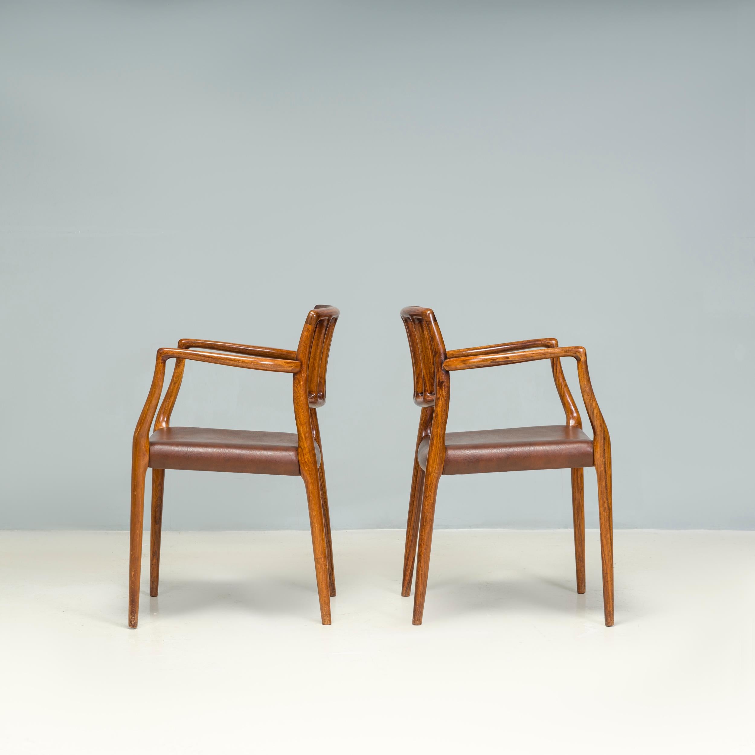 20th Century Danish Niels Otto Møller Brown Leather #66 Dining Carver Chairs, Set of 2 For Sale