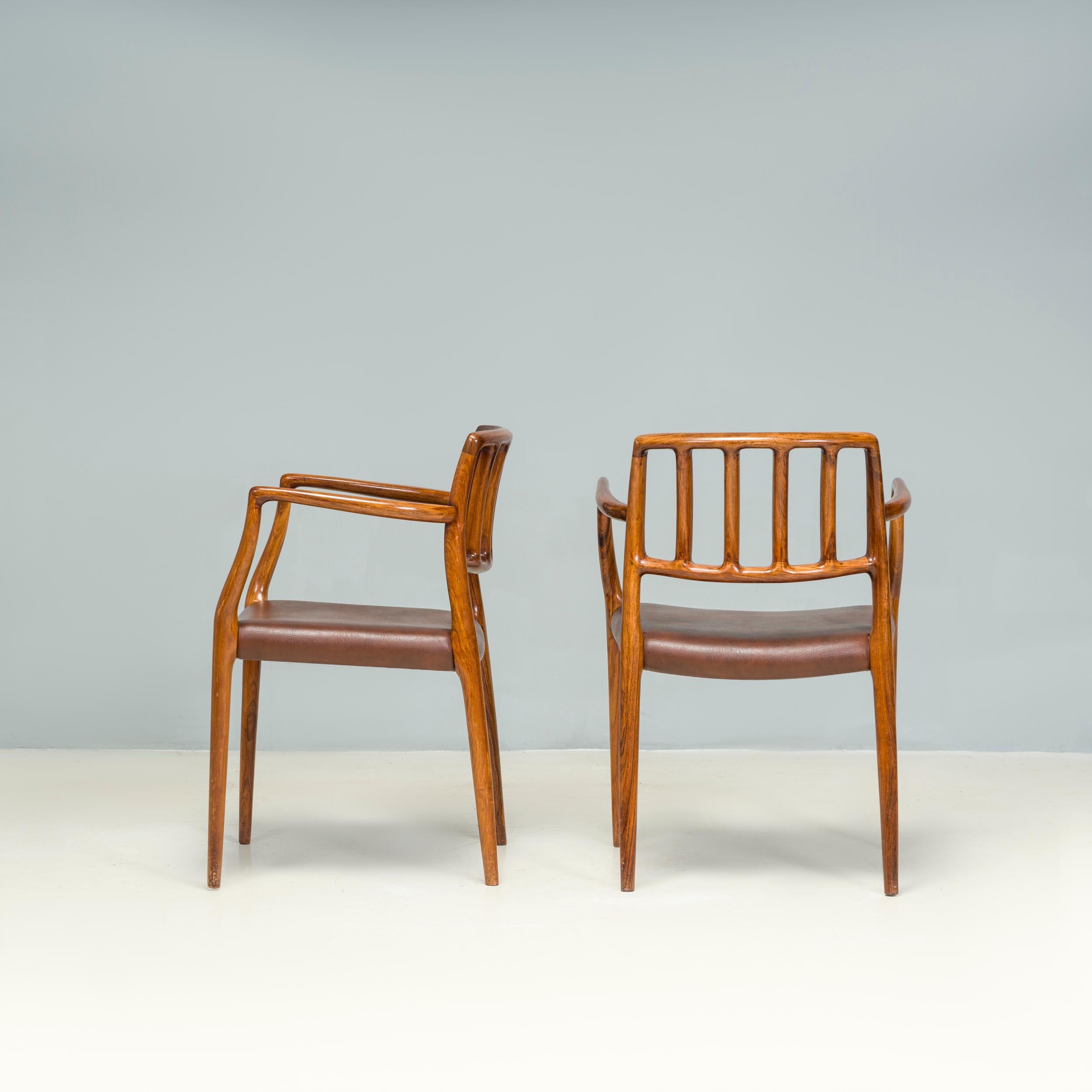 Danish Niels Otto Møller Brown Leather #66 Dining Carver Chairs, Set of 2 For Sale 1