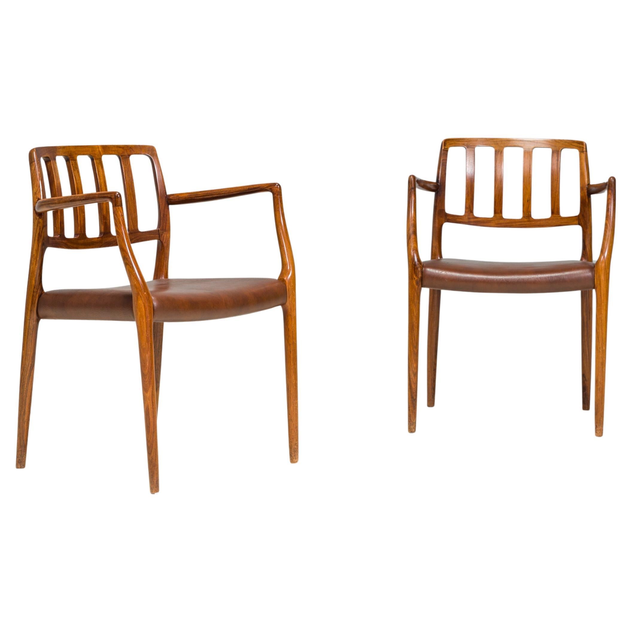 Danish Niels Otto Møller Brown Leather #66 Dining Carver Chairs, Set of 2 For Sale