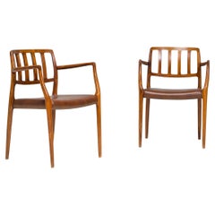 Retro Danish Niels Otto Møller Brown Leather #66 Dining Carver Chairs, Set of 2