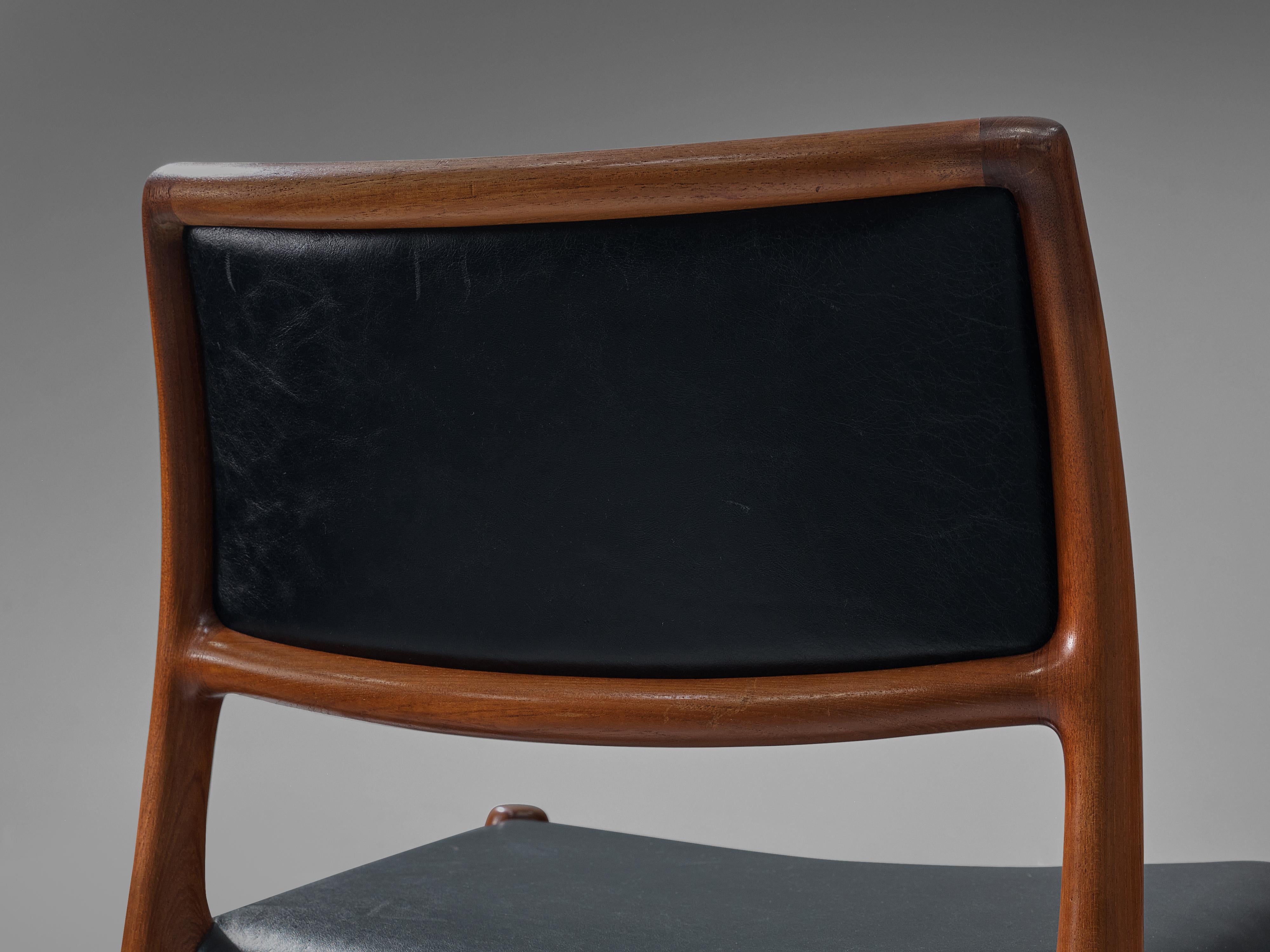 Niels Otto Møller for J. L. Møllers, dining chair, in teak and leather, Denmark, 1960s.

Niels Otto Møller dining chair with black leather upholstery. This design is very refined. The elegant designed open shape of the frame in combination with
