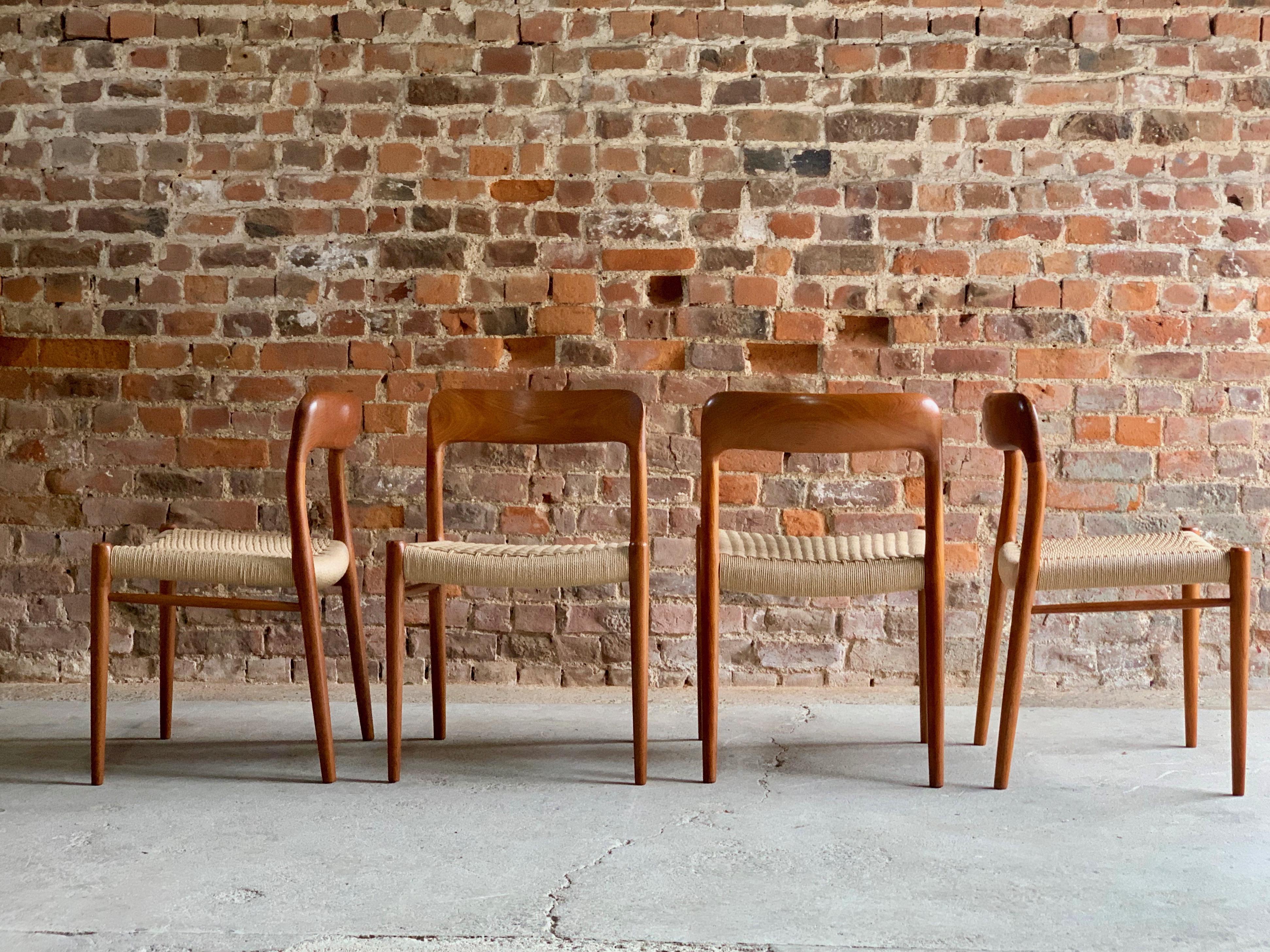 A magnificent set of four model 75 chairs by Danish designer Niels Otto Møller, and manufactured by JL Møllers Møbelfabrik chair featuring frames made of solid teak and seating made of paper cord. 

Condition: The chairs are offered in excellent