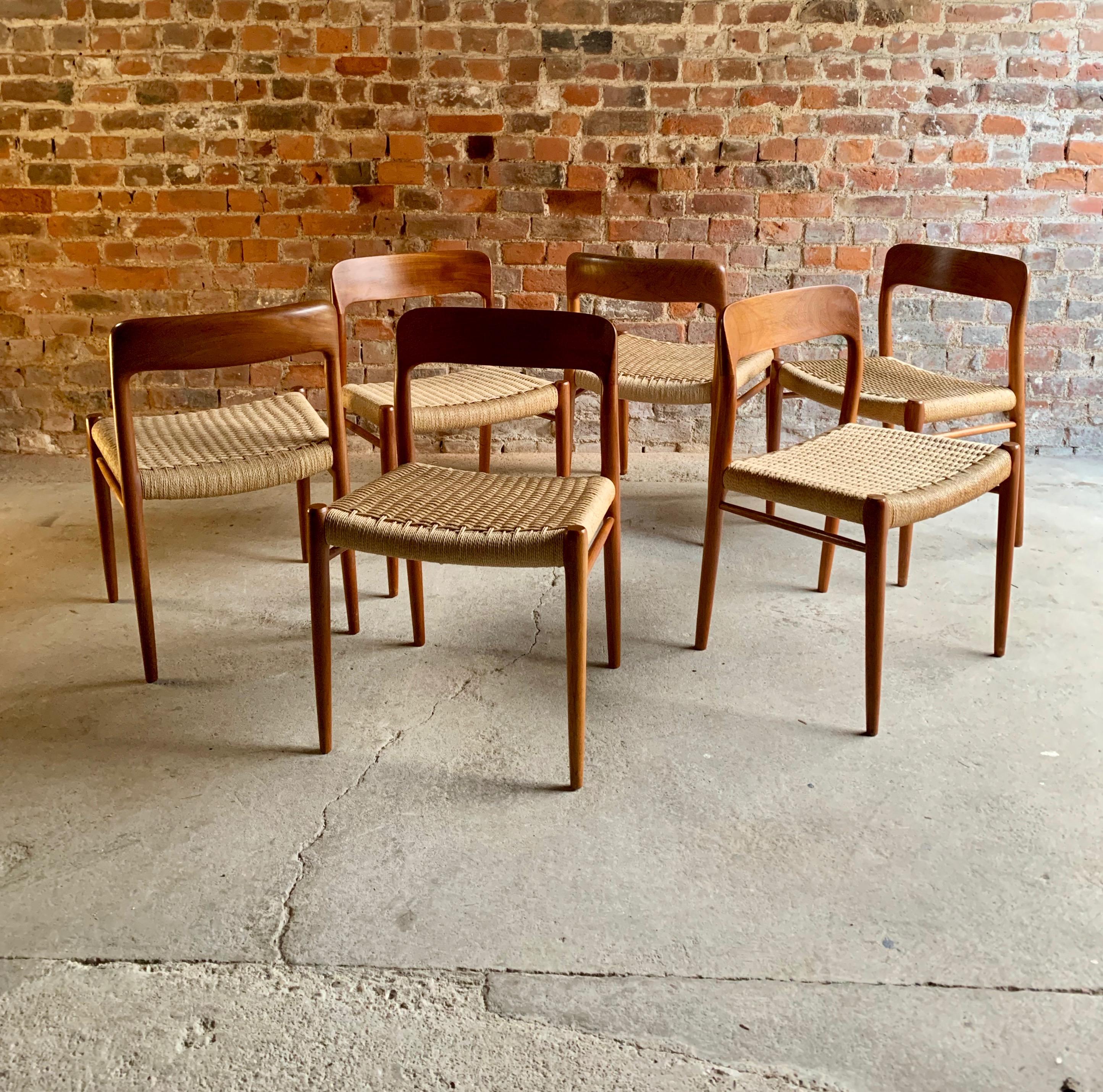A magnificent set of six model 75 chairs by Danish designer Niels Otto Møller, and manufactured by JL Møllers Møbelfabrik chair featuring frames made of solid teak and seating made of paper cord. 

Condition: The chairs are offered in excellent